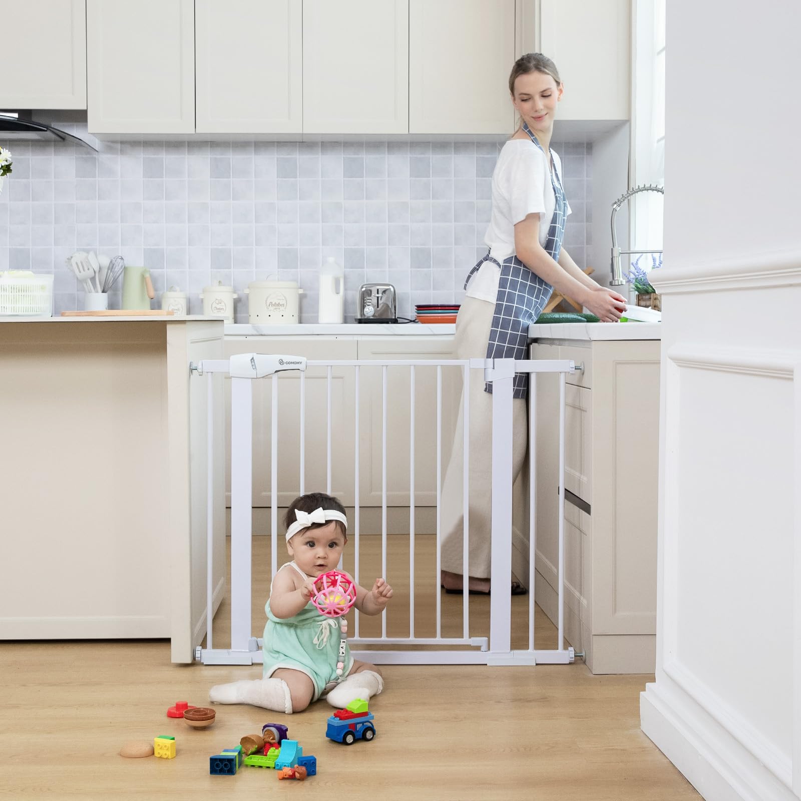 Comomy 30' Tall Baby Gate For Stairs Doorways, Fits Openings 29.5' To 40.5' Wide, Auto Close Extra Wide Dog Gate For House, Pressure Mounted Easy Walk Through Pet Gate With Door, White