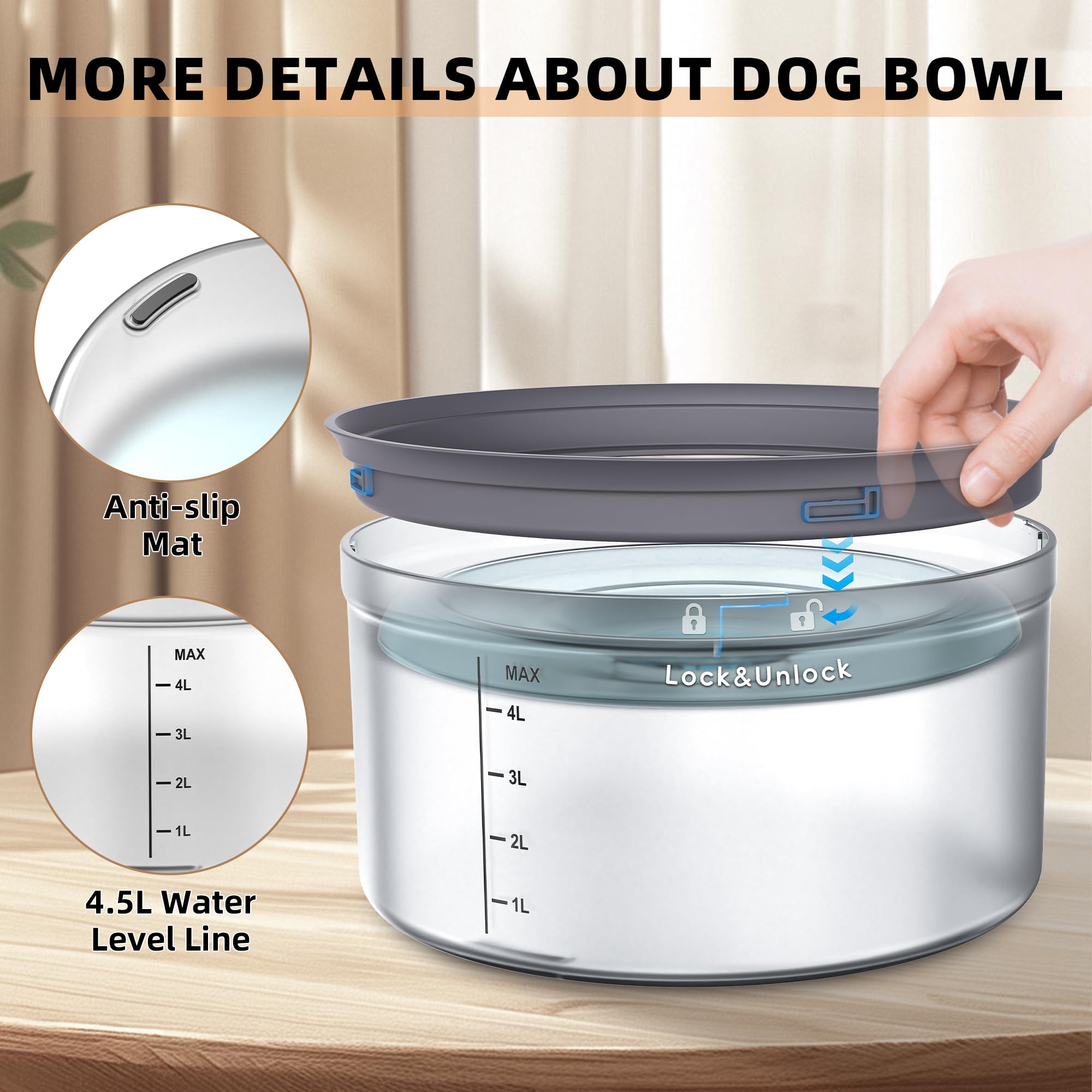 Decflow Dog Water Bowl, 4.5L Spill Proof with Transparent Disk, Anti-Splash Design, Gray