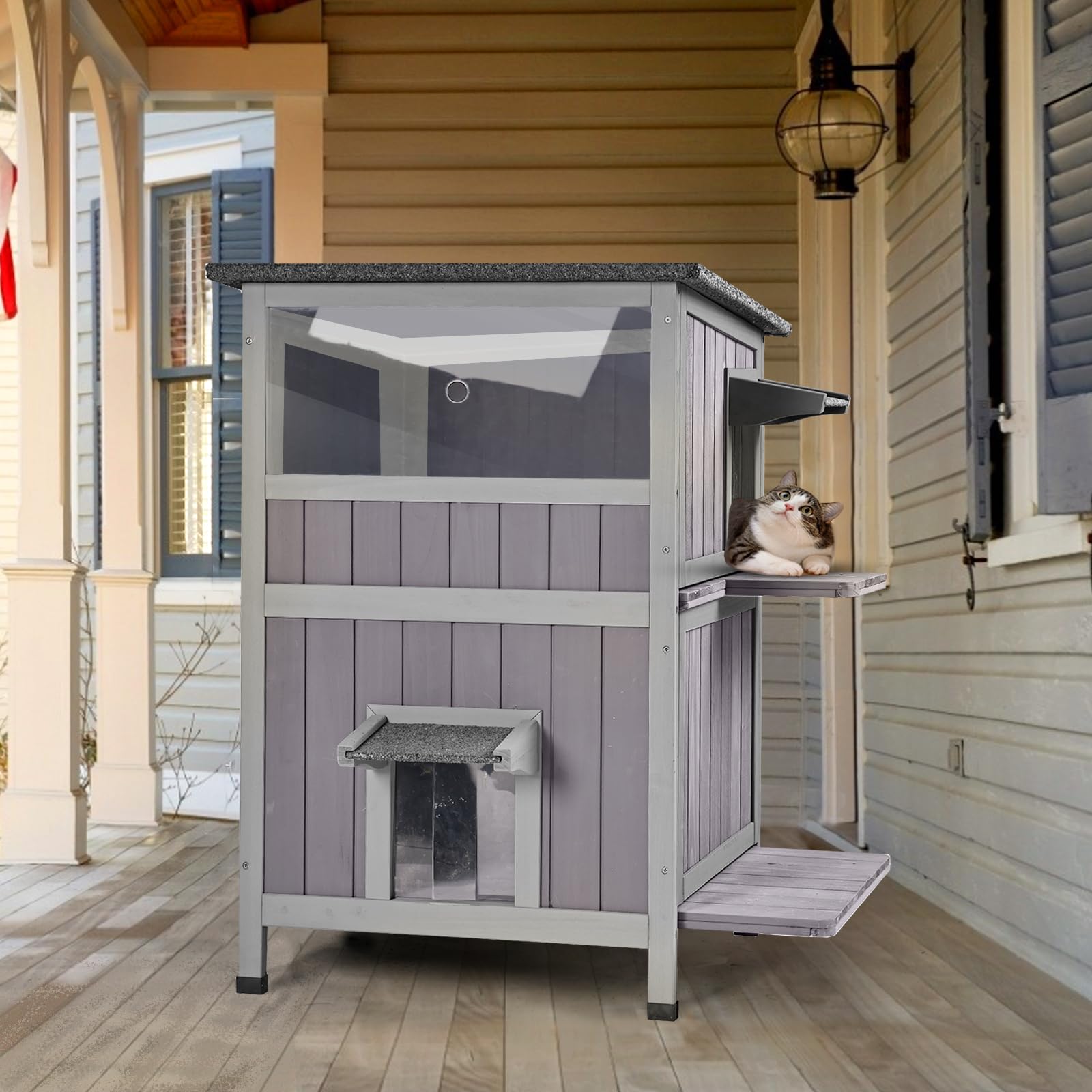 Aivituvin Outdoor Feral Cat House 2-Story Cat Cottage Kitten Shelter With Window