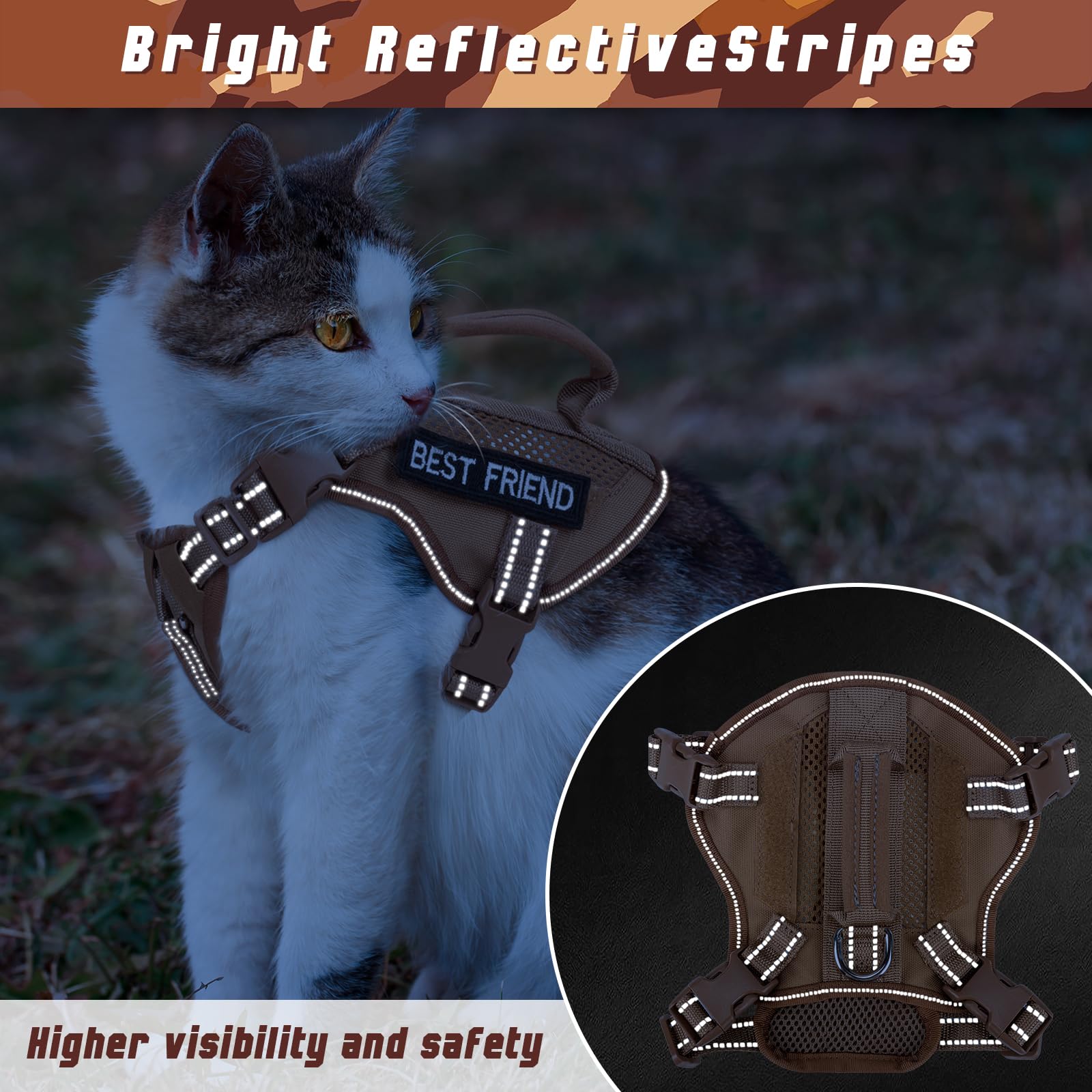 Salfse Large Tactical Cat Harness Leash, Air Mesh Adult Cat Walking Vest Harness Escape Proof With Handle, Reflective (Akhaki, X