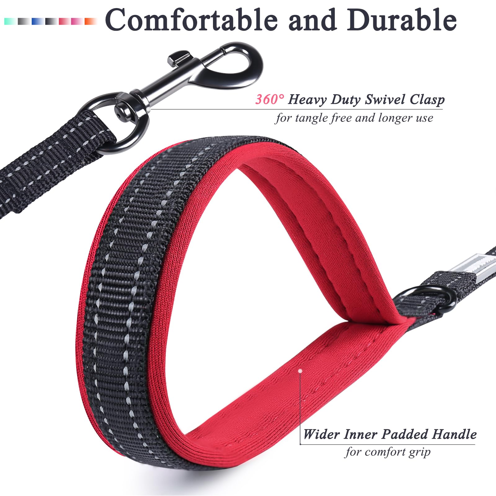 Vivaglory Traffic Handle Dog Leashes, Two Padded Soft Handles Strong Dog Leash, Reflective & Metal Hook Training Pet Lead, Black