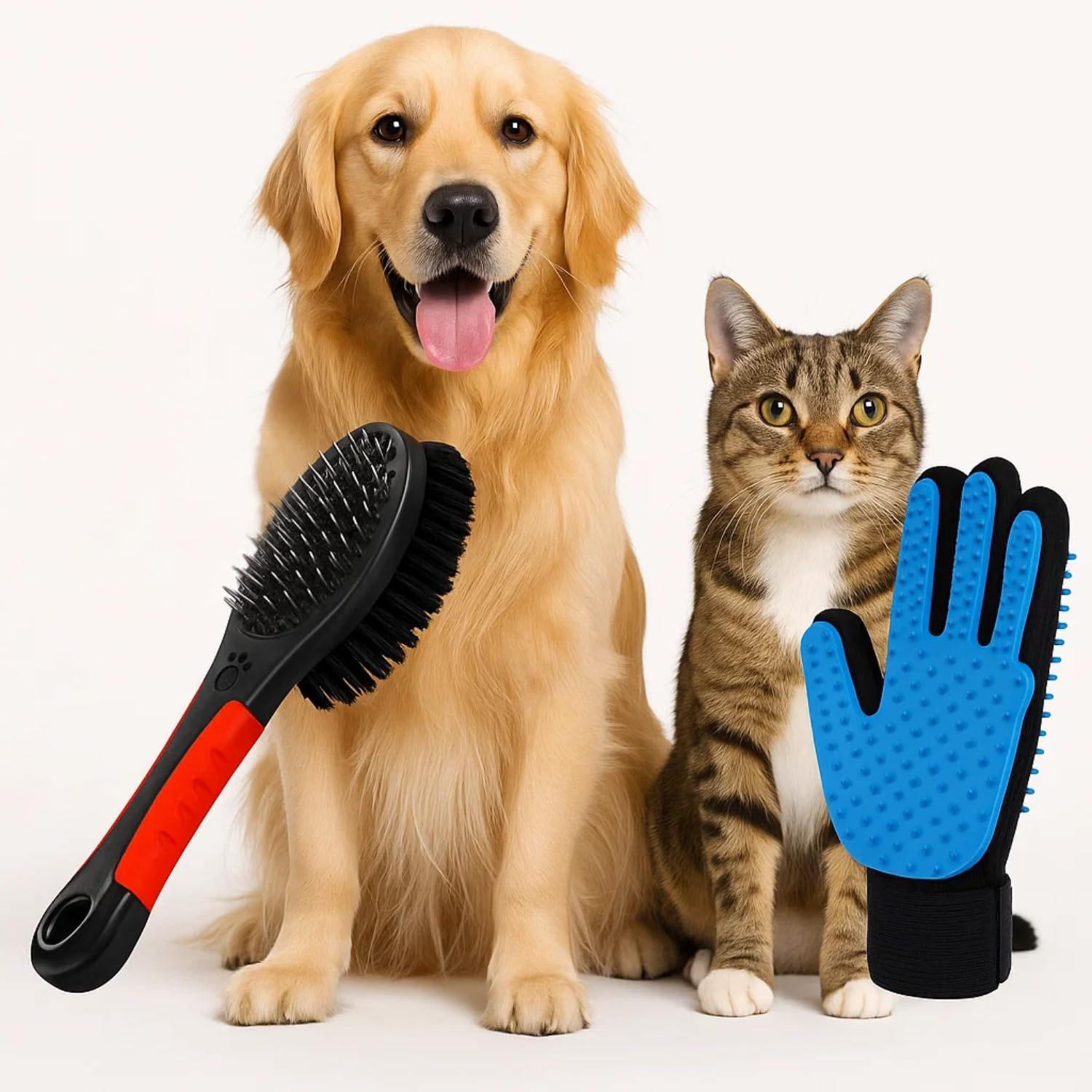 Sage Square Pet Grooming Combo | Plastic Handle Double Sided Brush Comb 17.5Cm With Metal Pins & Soft Bristles | OneSided Deshe