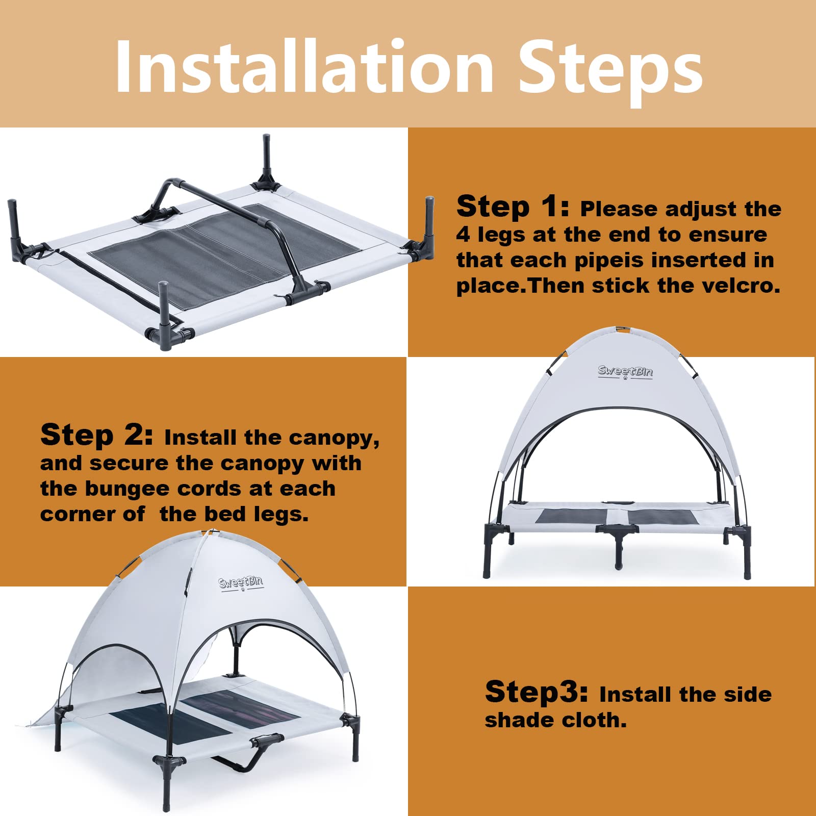 Sweetbin S/M/L Outdoor Elevated Dog Cot With Canopy & Side Shade For Camping Small Medium Dogs (Carry Bag), Portable Cooling Raised Dog Bed With And Side For Beach