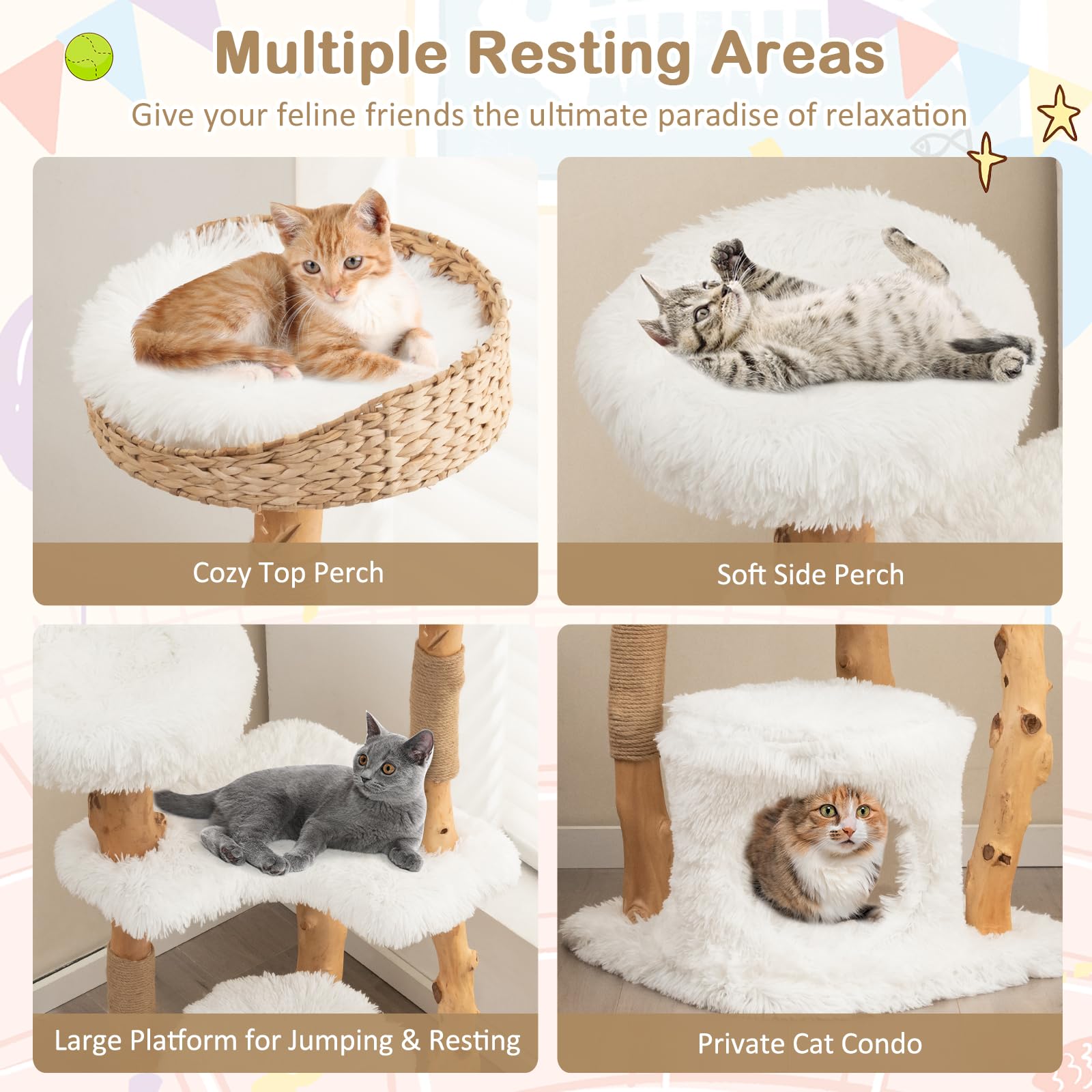 Petsite 49 Inch Cat Tree For Indoor Cats, Solid Wood Modern Multi-Level Cat Tower With Scratching Posts, Top Cattail Basket Cat Bed, Side Perch, Large Platform, And Cat Condo, Cute White Cat Tree