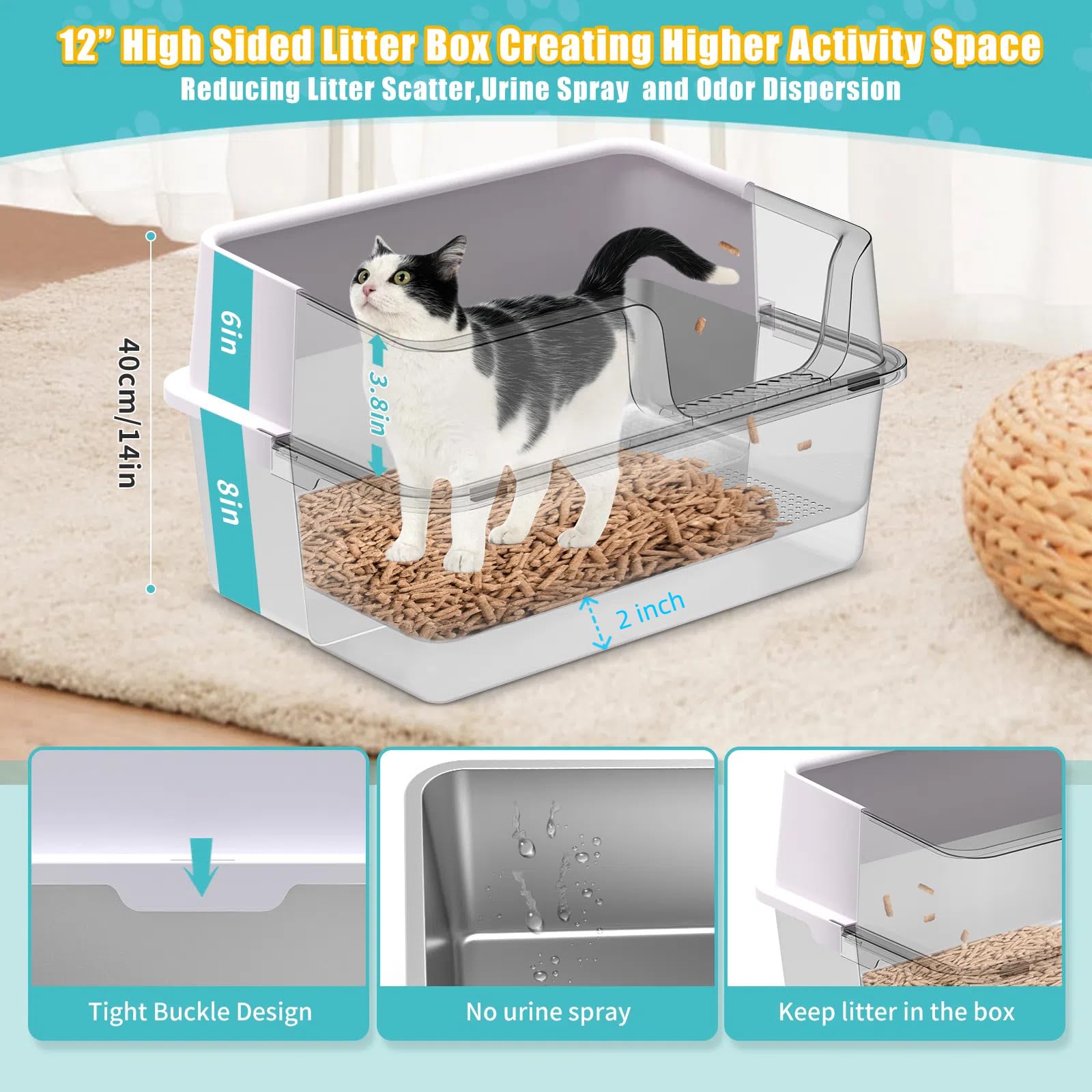 Xl Stainless Steel Sifting Cat Litter Box With Sifting Box & Bottom Pan, Sifting Cat Litter Pan High Side, No Mess, Nnti-Odor, E