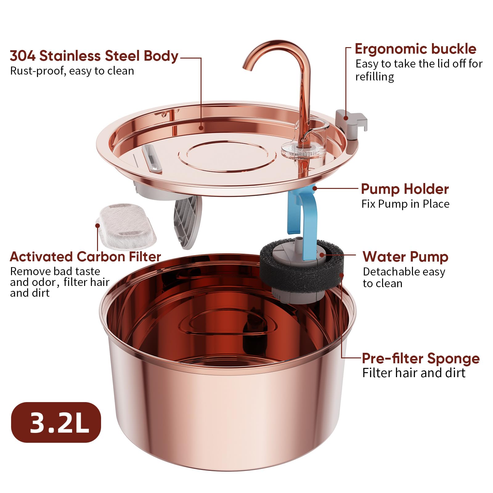 Tomxcute Copper-Tone Cat Water Fountain, 3.2L Capacity, Ultra-Quiet Pump, Multi-Layer Filtration for Cats & Small Dogs