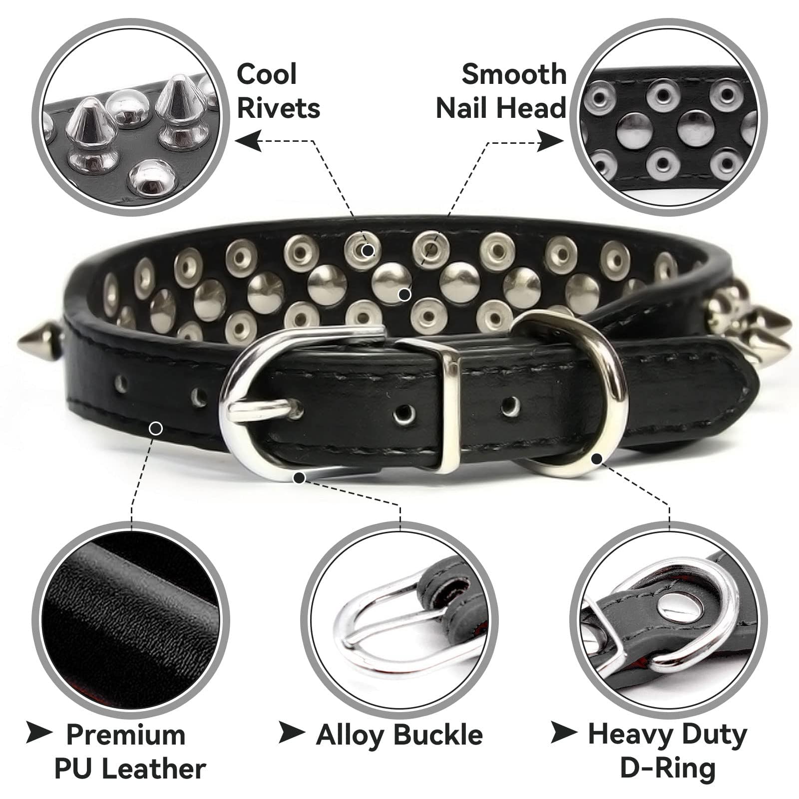 Doggyzstyle Small Spiked Black Dog Cat Collar For Small Medium Dogs Boy Male - Adjustable Studded Puppy Collars - Soft Padded Pu