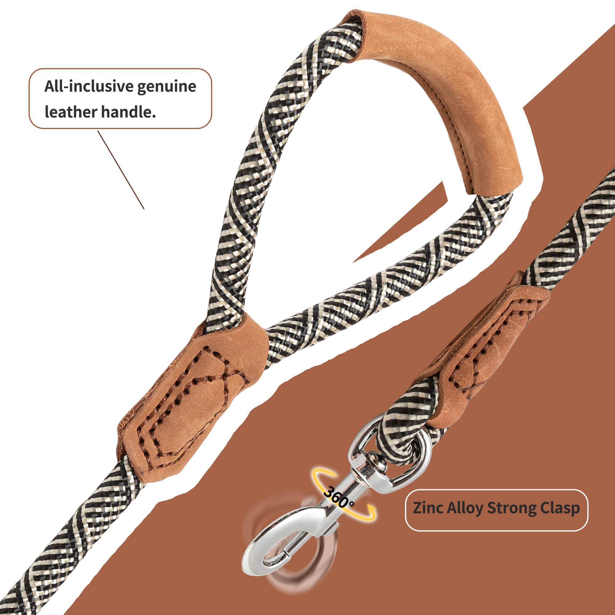 Mile High Life | Premium Leather Handle Dog Leash | Strong Rope Leash | Zinc Alloy Strong Clasp | Small Medium Large Dogs | 4/5/