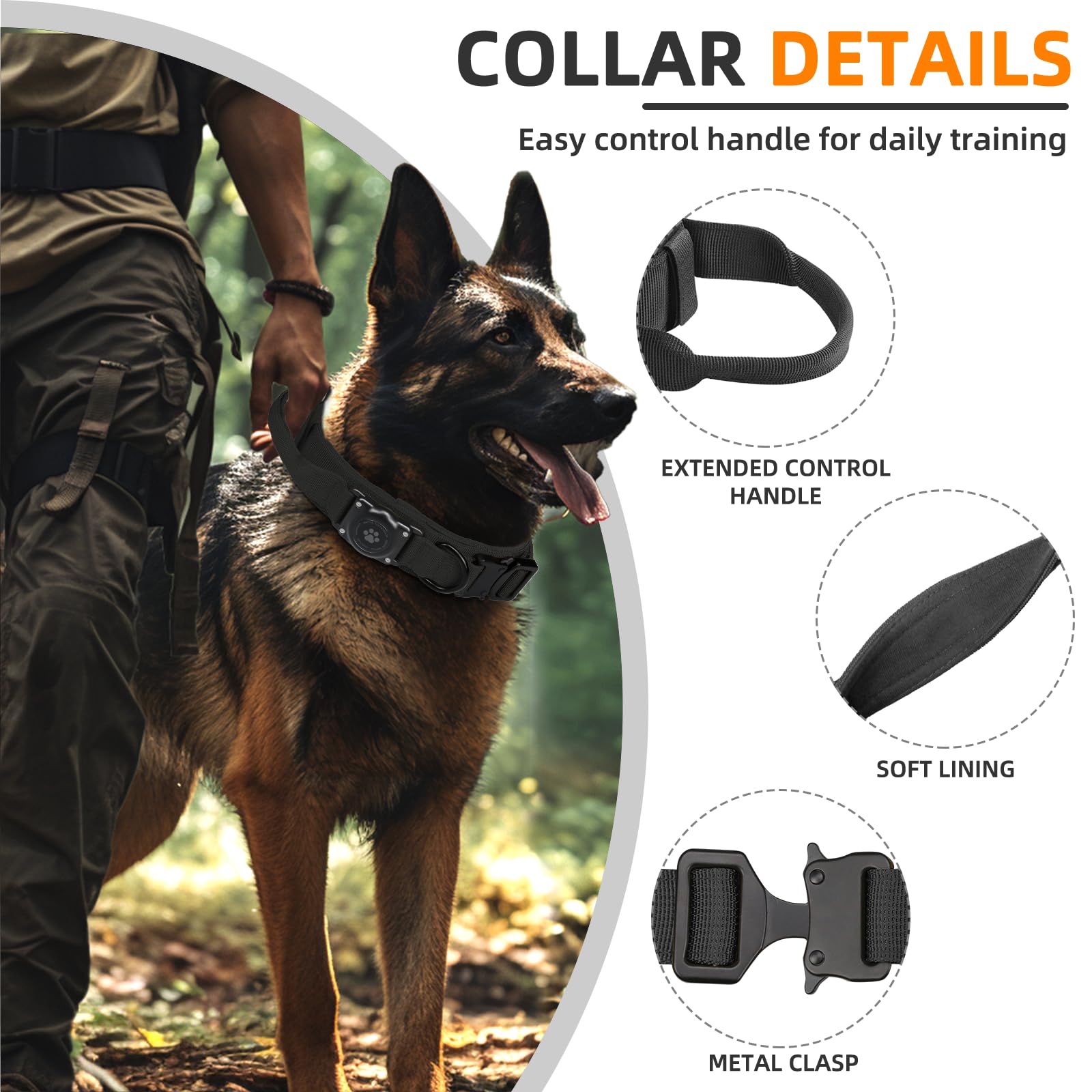Tactical Airtag Dog Collar, 100% Waterproof Integrated Apple Air Tag Dog Collars With Hard Pc Airtag Holder, Adjustable Military