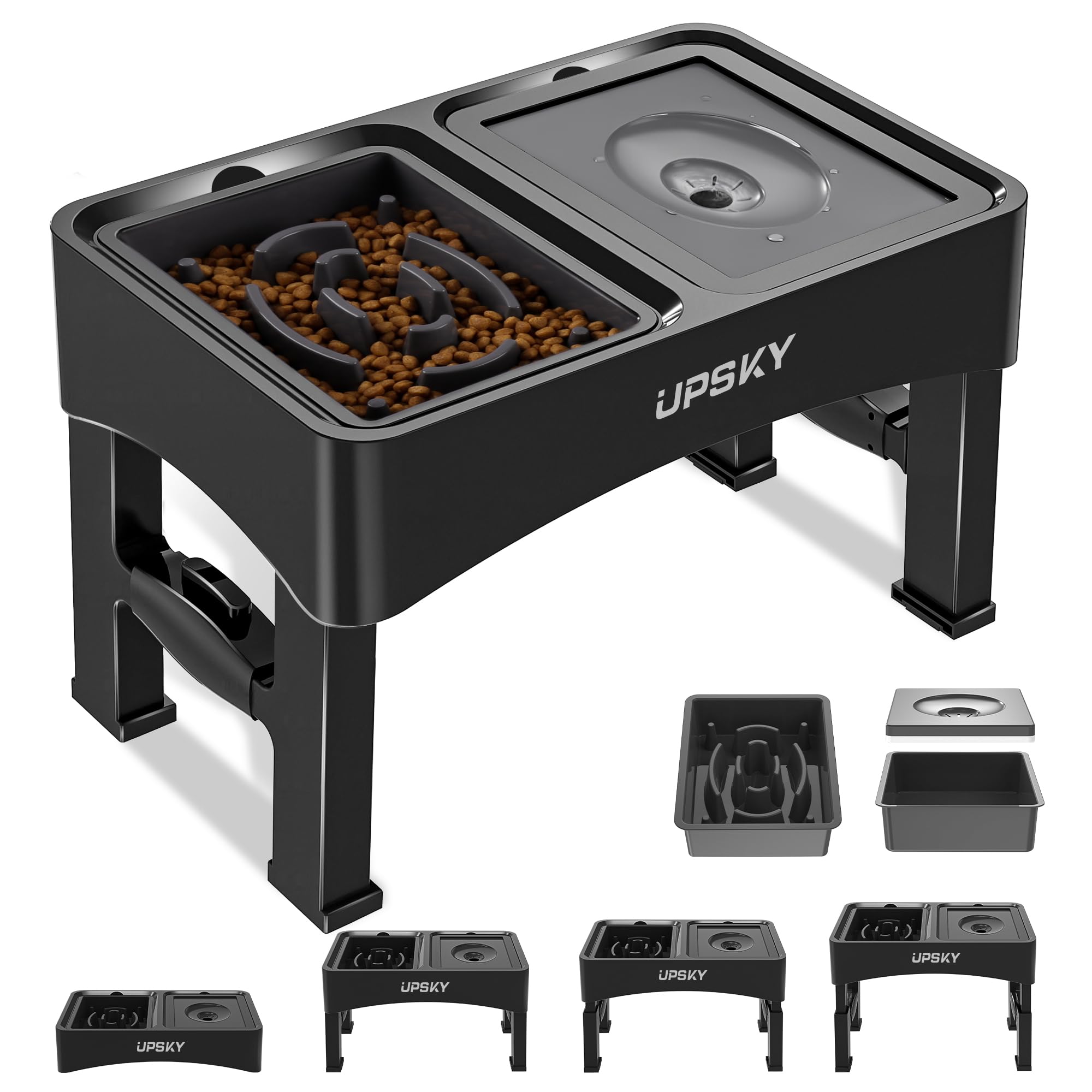 UPSKY 2-in-1 Elevated Bowls Slow Feeder, 4 Height Adjustable Raised Stand No Spill Water Dispenser, Anti-Slip Food and Water Bow