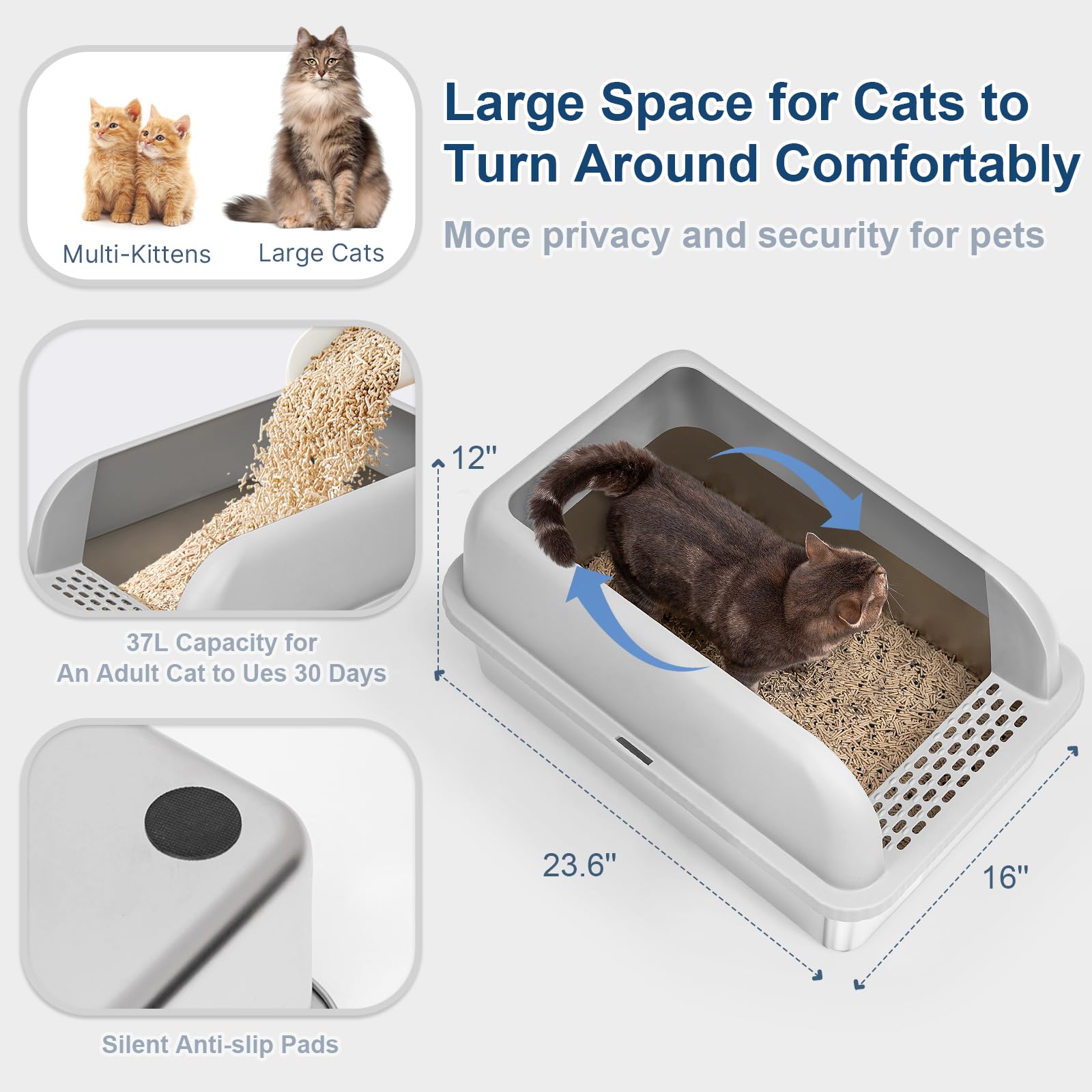 Suzzipaws Enclosed Stainless Steel Cat Litter Box With Lid Extra Large Litter Box For Big Cats Xl Metal Litter Pan Tray With High Wall Sides Enclosure, Non-Sticky, Anti-Leakage, Easy Cleaning