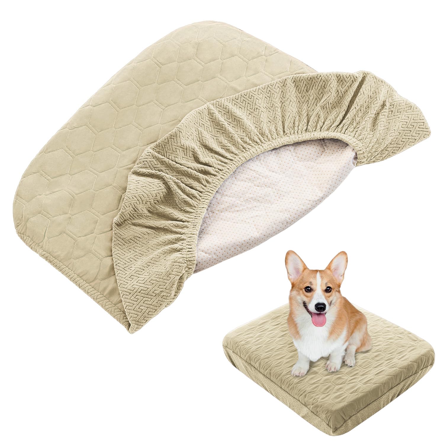 Nanbowang Waterproof Dog Bed, Washable Pet Pillow Cover, Quilted, Easy To Remove - Lovely Puppy/Cat Bed (35X44X6, Beige)