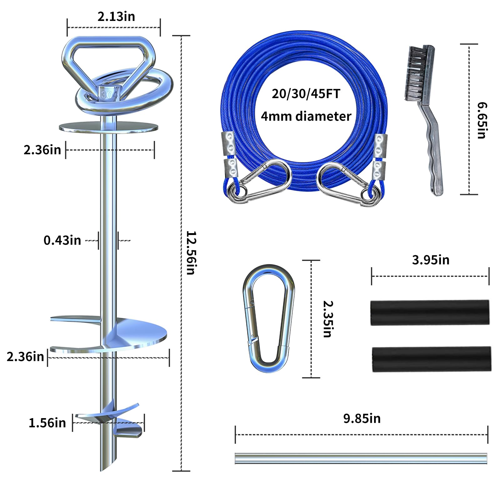 Dog Stake and 45ft Cable, 360 Swivel Runner for Yard, Anchors for Large Dogs up to 150 lbs, Heavy Duty Tie Out for Sand/Beach
