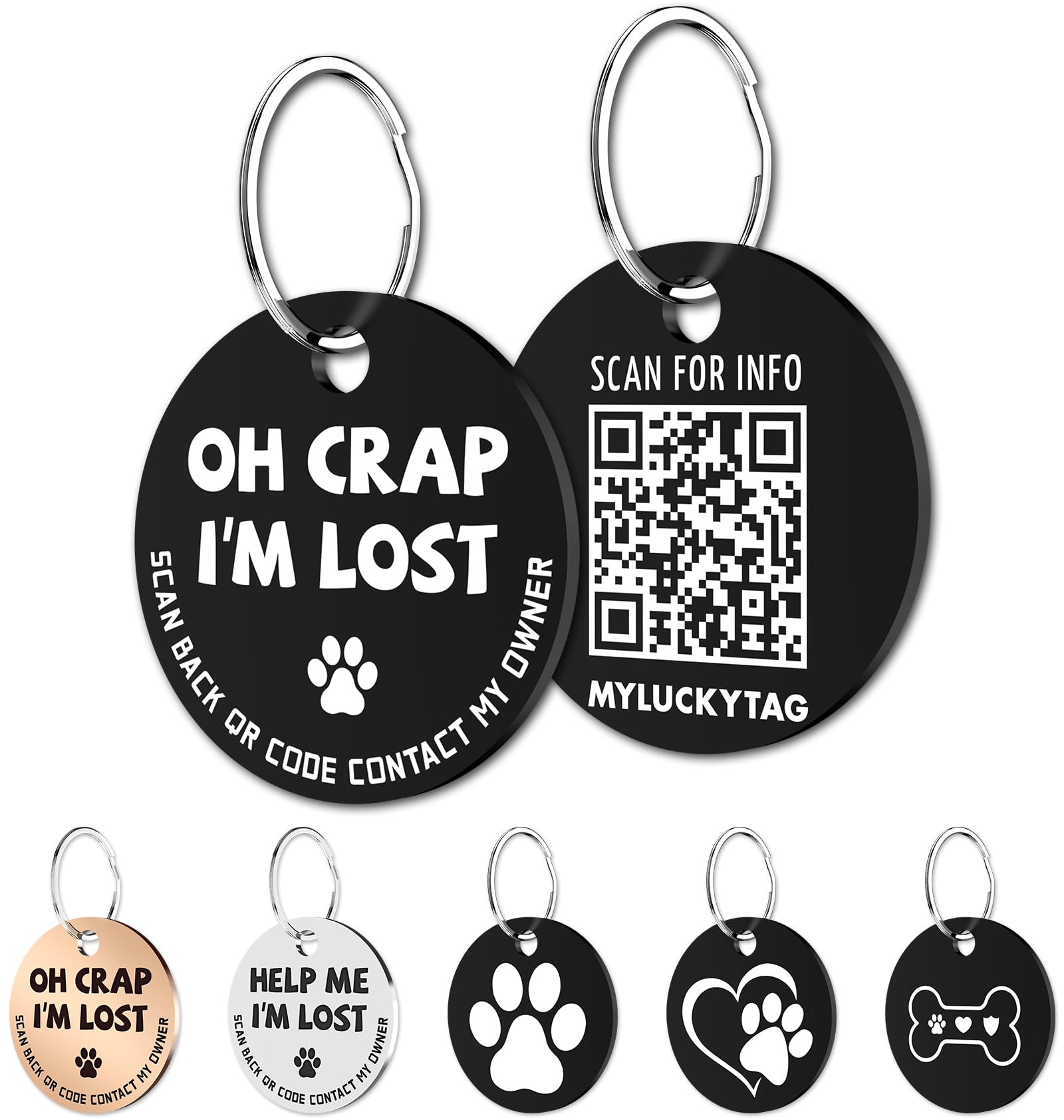 Myluckytag Stainless Steel Qr Code Pet Id Tags Dog Tags - Pet Online Profile - Scan Qr Receive Instant Pet Location Alert Email