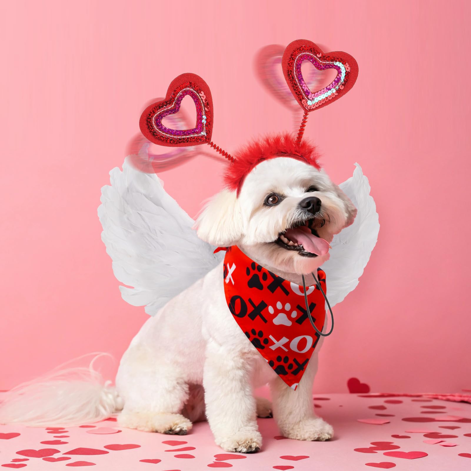 SCENEREAL Dog Outfit/Birthday Bandana with Feather Wing & Heart Headband Dogs Girls Set, Red Puppy Kitty Party Supplies for Smal
