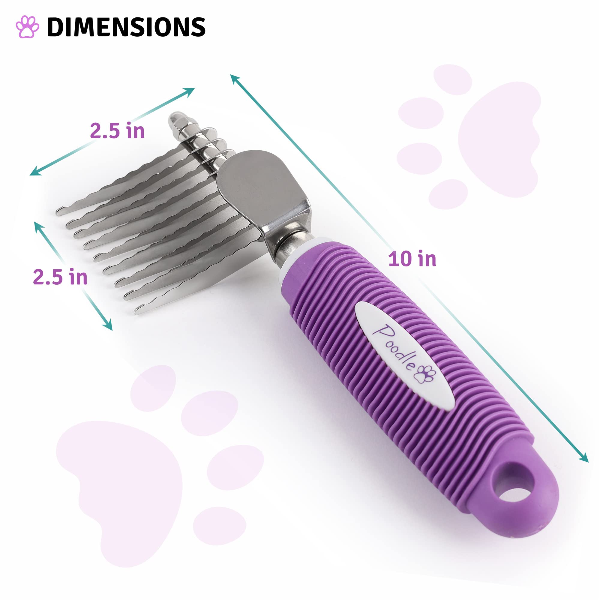 Poodle Dematting Fur Rake Comb Brush For Dogs And Cats - Long 2.5' Steel Safety Blades Metal Comb For Detangling Matted Or Knotted Undercoat Hair
