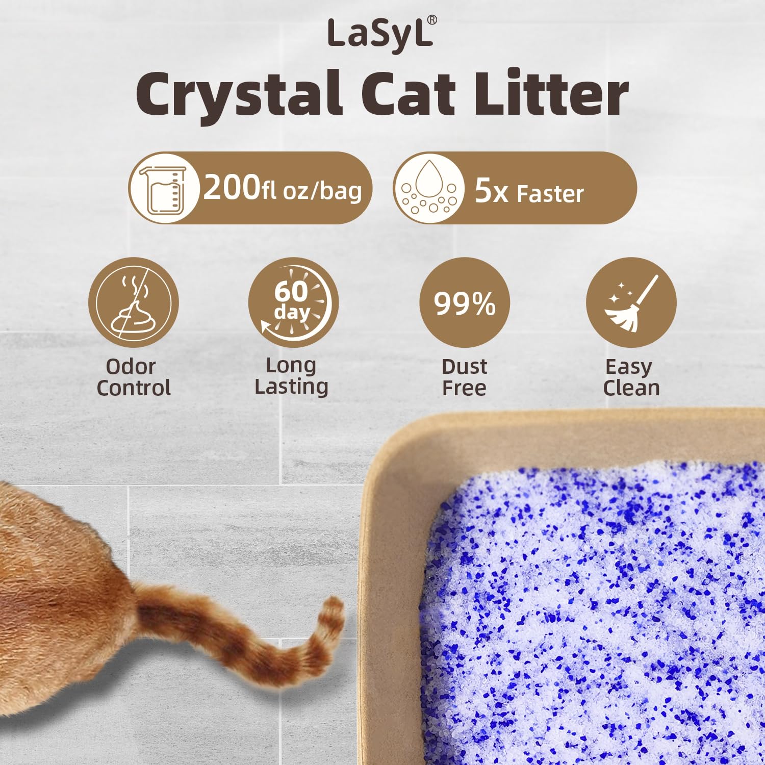 LaSyL Premium Crystal Cat Litter - 8.6 lb, Two Months Lasting - Superior Odor Control & Absorption, Non-Clumping, Low Tracking S