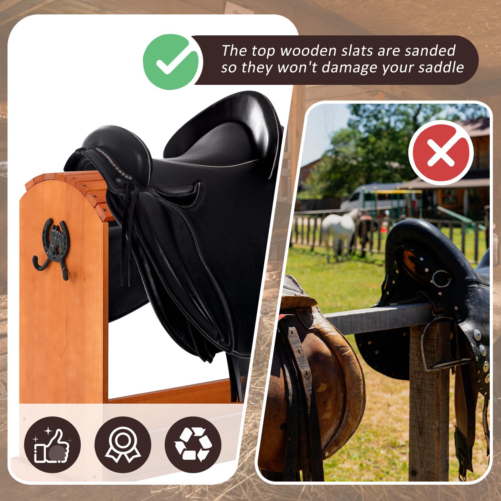 Threehoney Pine Wood Saddle Rack for Western Saddles, Heavy Duty with 2 Hooks, Model MII-Threehoney-1088, Black