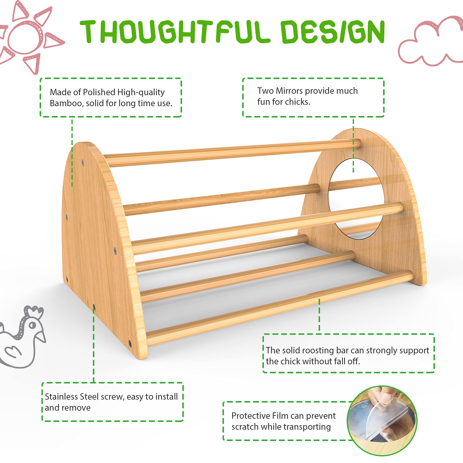 Ensayeer Bamboo Chicken Perch With Mirror, Strong Roosting Bar For Coop And Brooder, Training Perch For Large Bird, Hens, Parrot