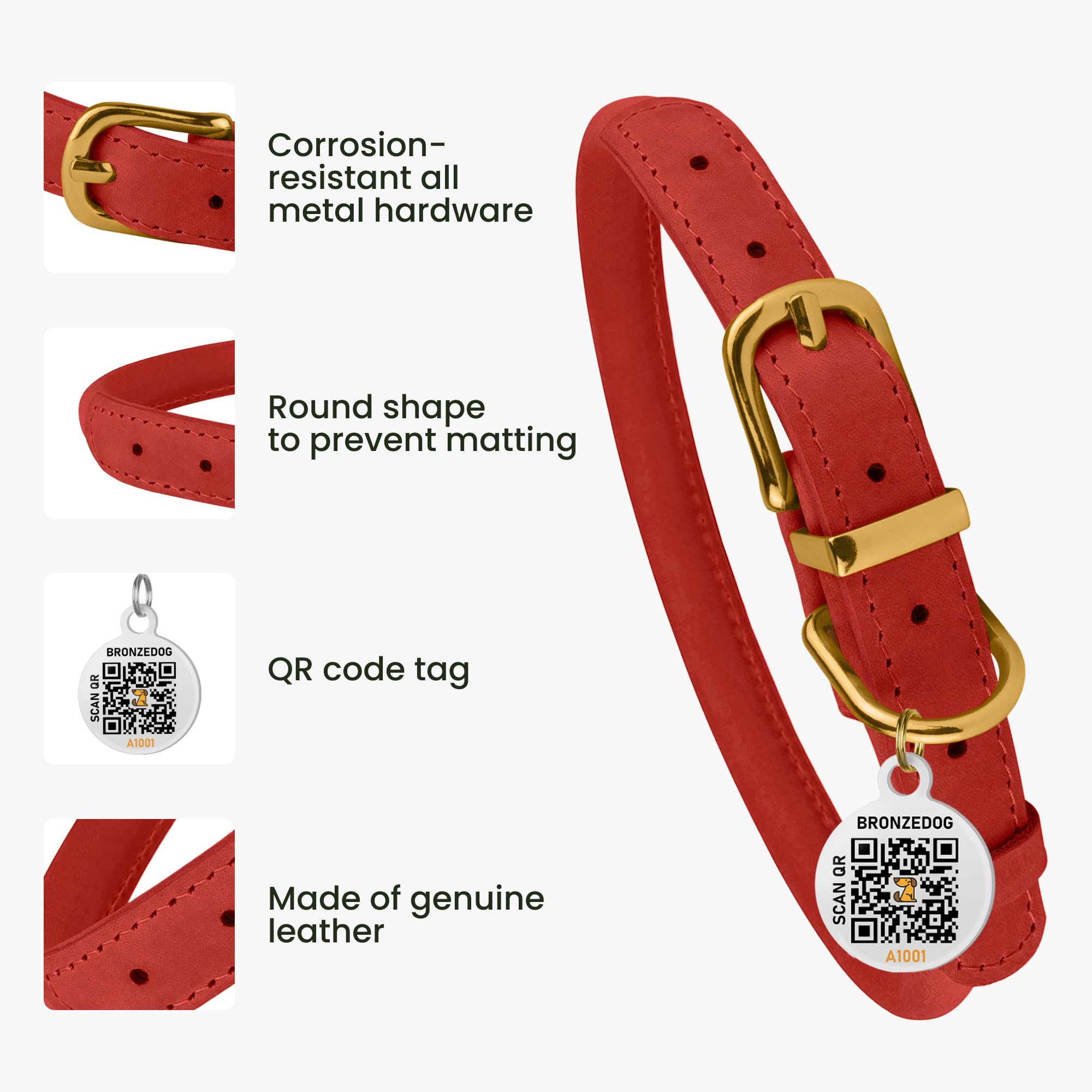 Bronzedog Rolled Leather Dog Collar With Qr Id Tag, Adjustable Soft Round Collars For Small Medium Large Dogs Puppy (7' - 10'
