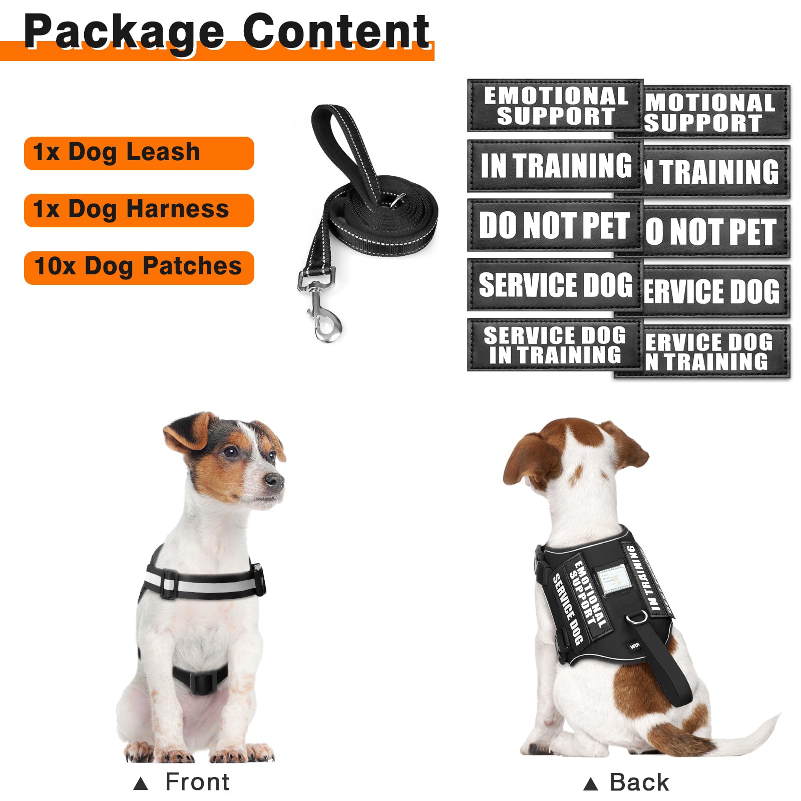 Winsee Dog Harness & Leash Set, Medium, Black - Reflective, Adjustable, W/ 10 Patches For Service, Therapy Dogs, Extra Durable