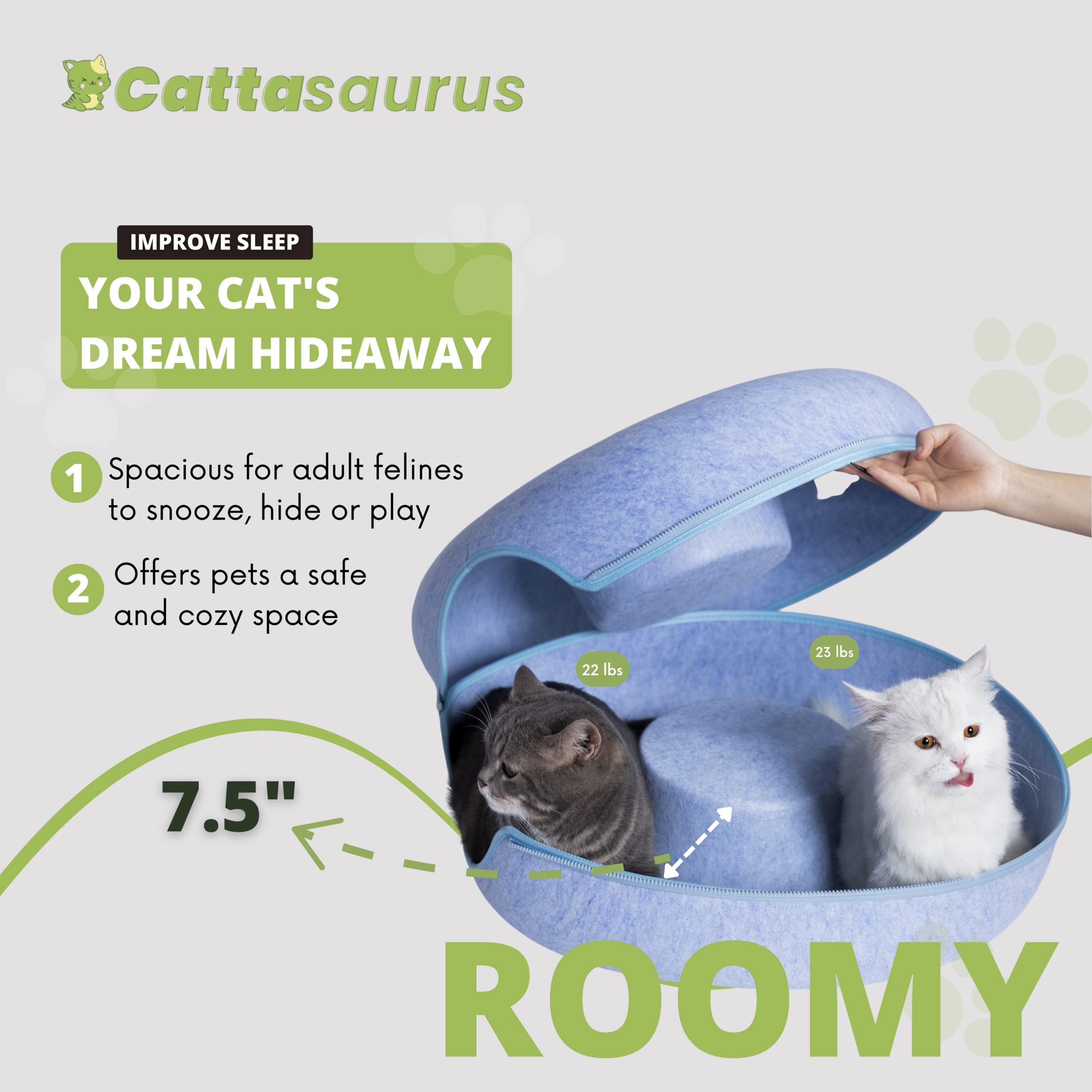 Cattasaurus Peekaboo Cat Cave For Multiple & Large Cats Up To 30-45 Lbs, Scratch Detachable & Washable Tunnel Bed, Comfy Donut Cat Cave (Blue, Large)