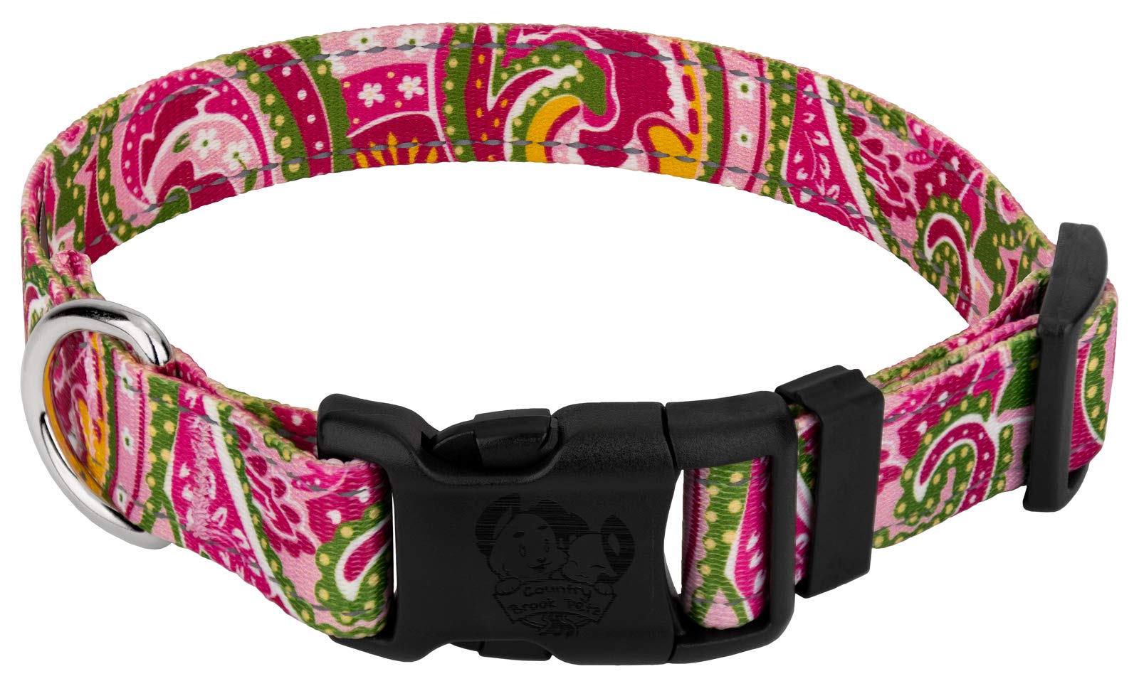 Country Brook Petz - Deluxe Pink Paisley Reflective Dog Collar Collection Featured Night Safe Designs (1 Inch, Medium)