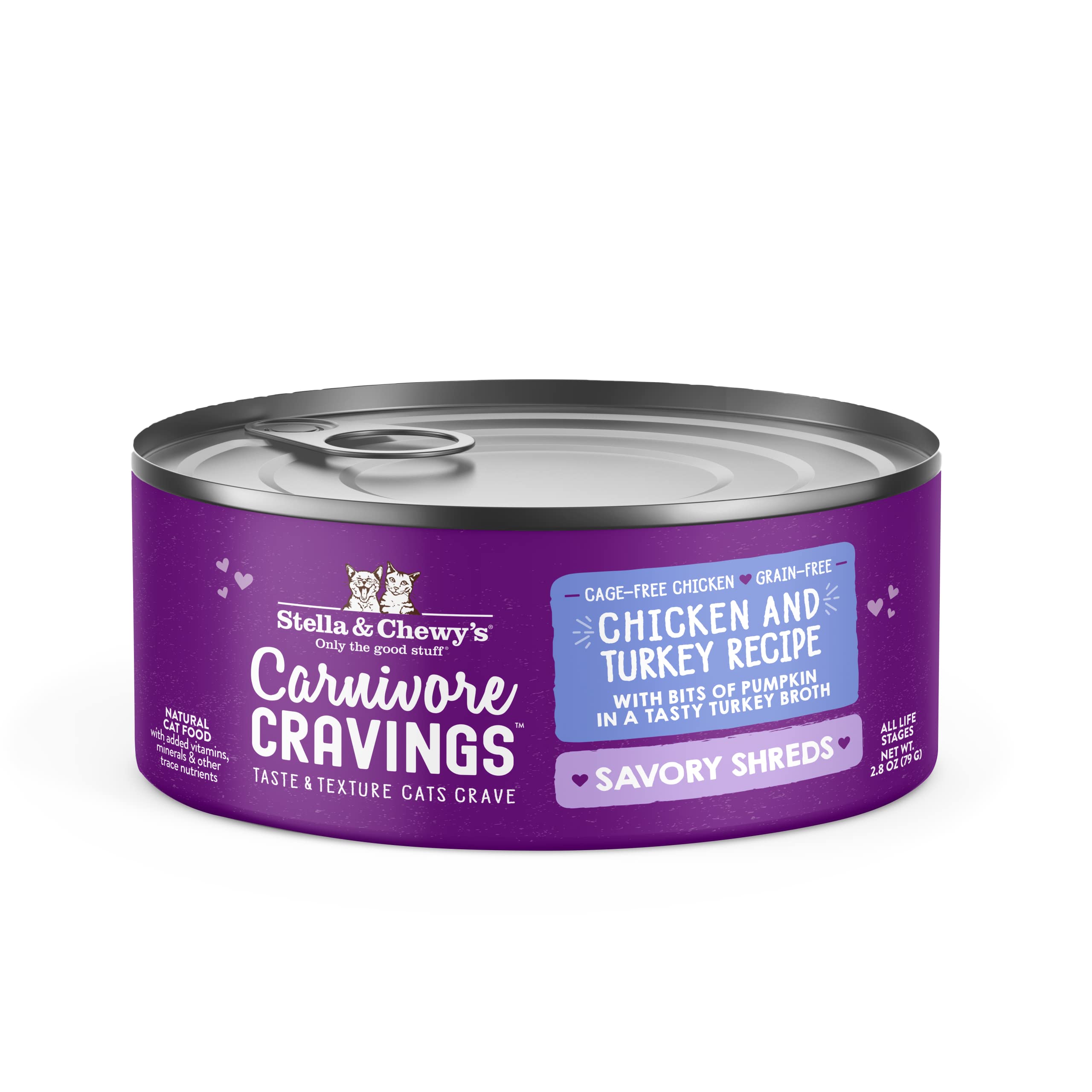 Stella & Chewys Carnivore Cravings Savory Shreds Cans - Grain Free, Protein Rich Wet Cat Food - Cage-Free Chicken & Turkey Recip