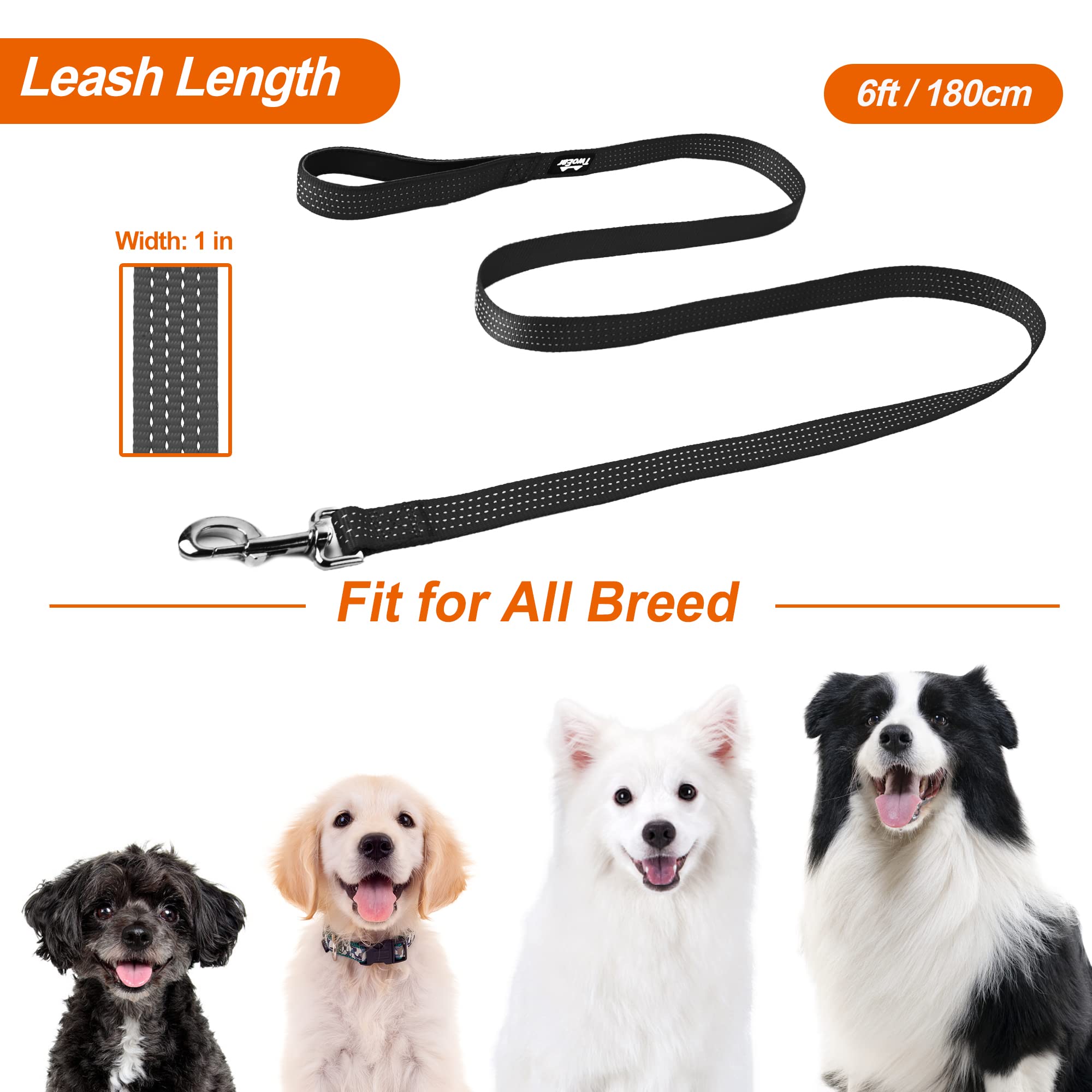 TwoEar 6FT Reflective Dog Leash, Heavy Duty Nylon with Padded Handle, Black for Small, Medium, and Large Dogs