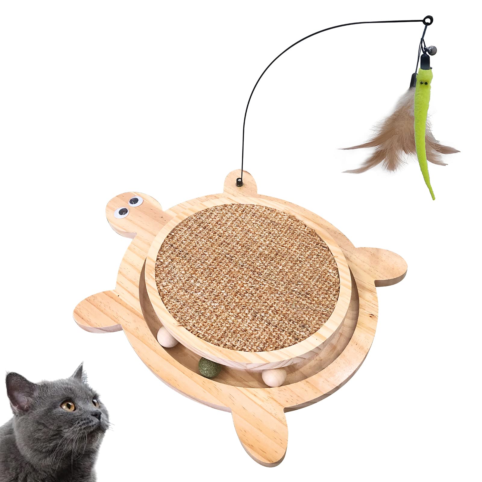 Petest Interactive Cat Toy Cat Scratch Toy Natural Sisal Cat Scratcher With Catnip Balls, Cat Scratch Pad With Cat Toy Roller, Turtle Design