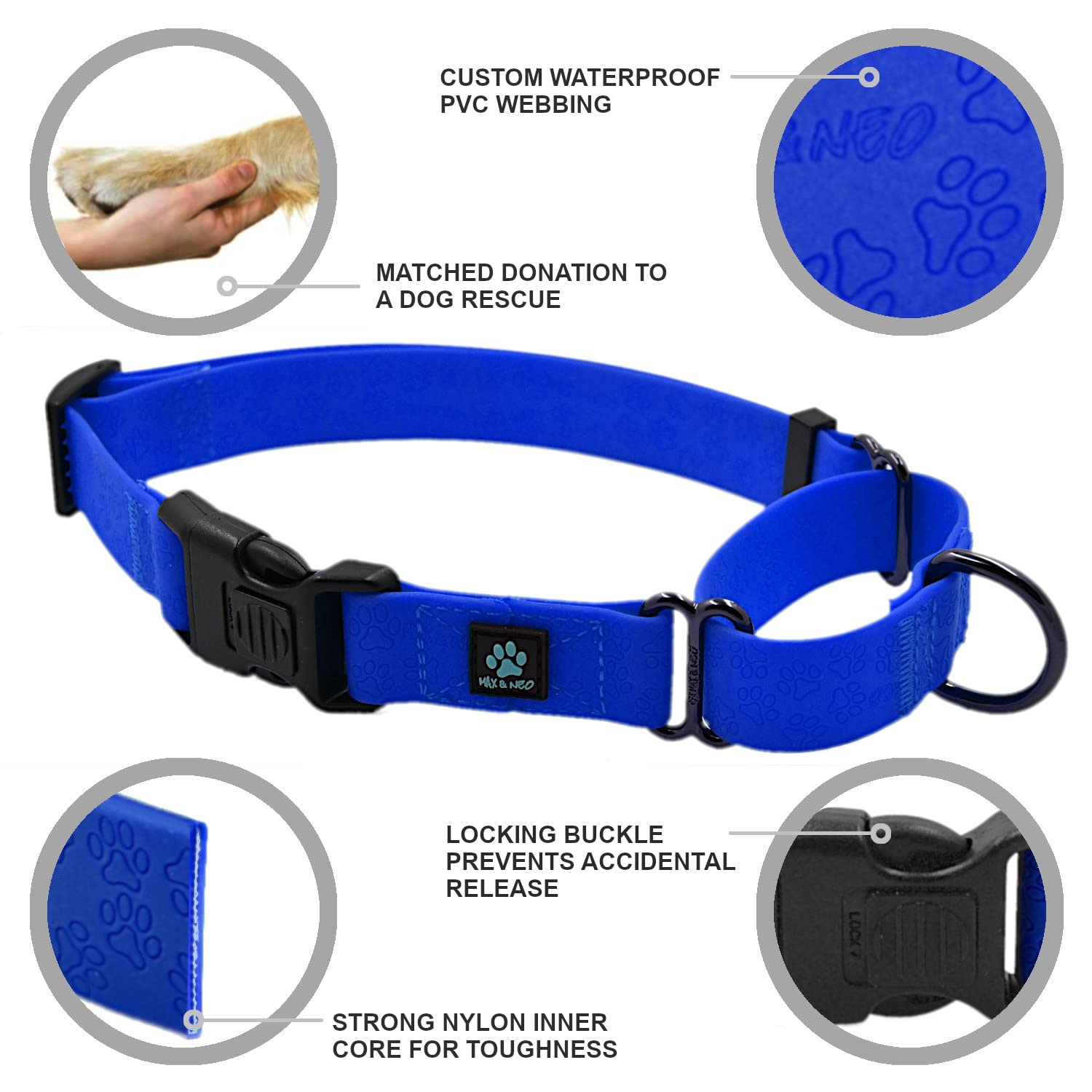 Max And Neo Waterproof Martingale Dog Collar - We Donate A Collar To A Dog Rescue For Every Collar Sold (Large, Blue)