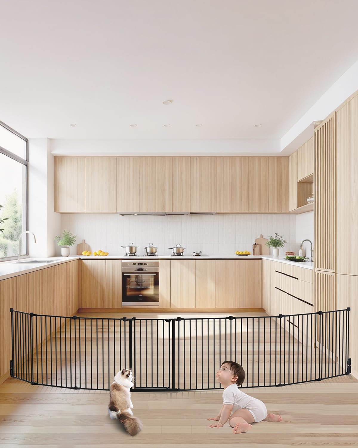 VEVOR Baby Gate, 192 Inches Extra Wide, 28 Inches High 8-Panel Foldable Dog Gate, for Child Pet Security, One-Hand Open, Install