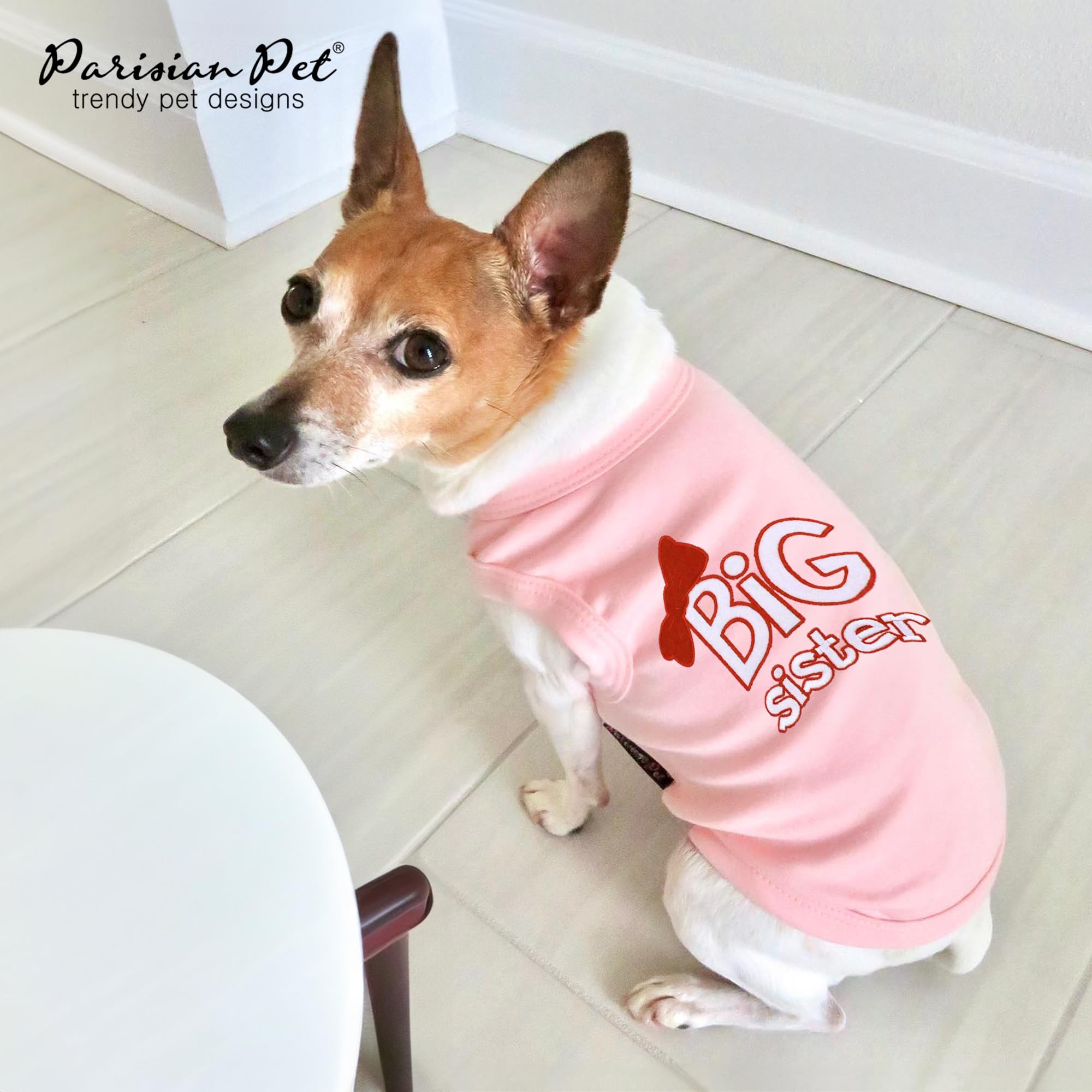 Parisian Pet Dog T-Shirt With Embroidered ' Big Sister ' - Breathable Big Sister Dog Shirt - Sleeveless Pet Vest - Machine Washable Pink Dog Shirts For Small Dogs, Xs