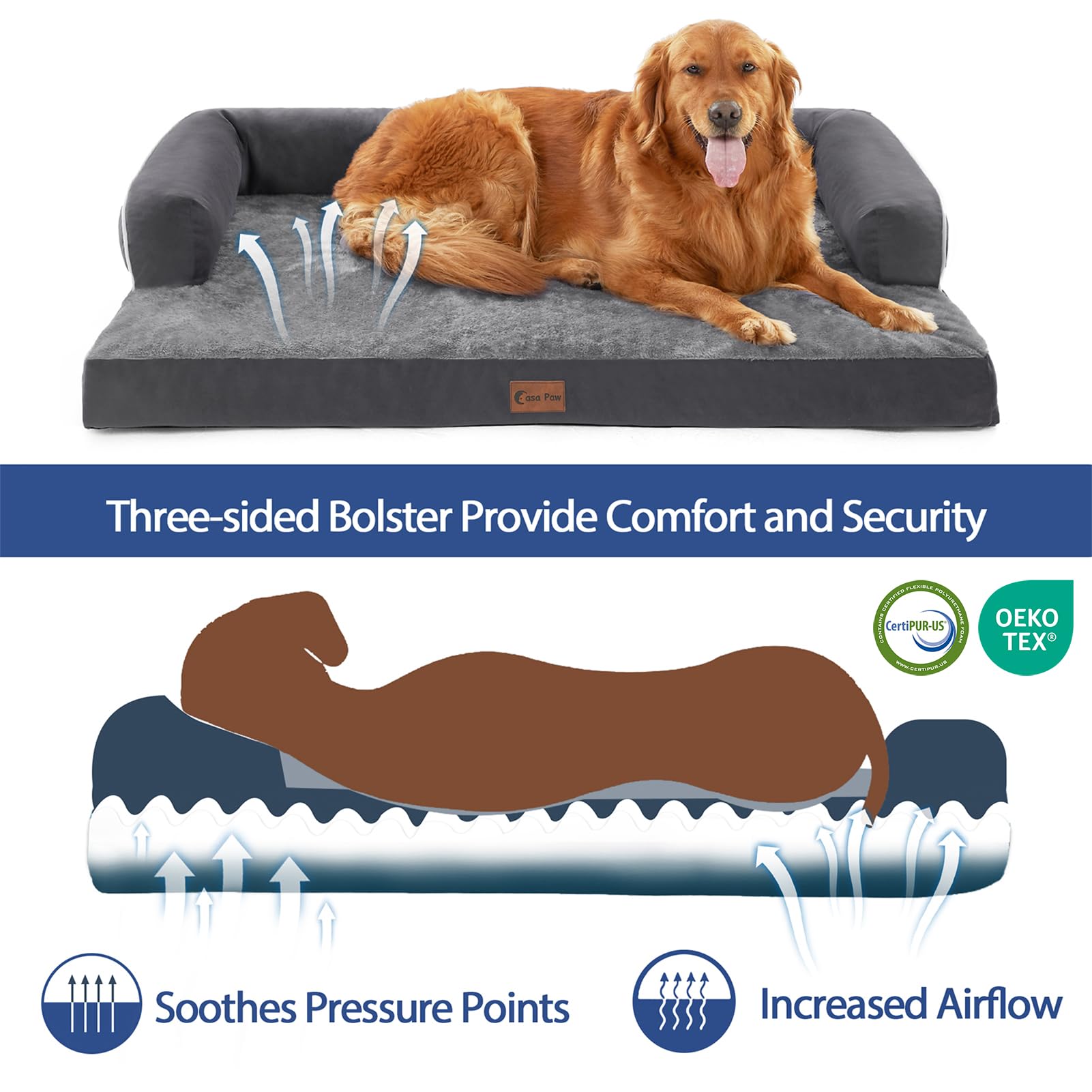 Casa Paw Orthopedic Dog Beds for Extra Large Dogs, Memory Foam Dog Couch Bed with Comfy Bolster, Waterproof Dog Beds XLarge, Rem