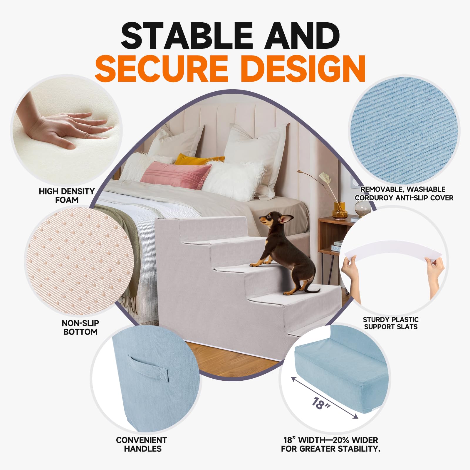VEEVAO Pet Stairs for Small Dogs & Cats - 3/4/5 Steps, Non-Slip Extra Wide Design, Gentle Angle for Joint Protection, High Densi