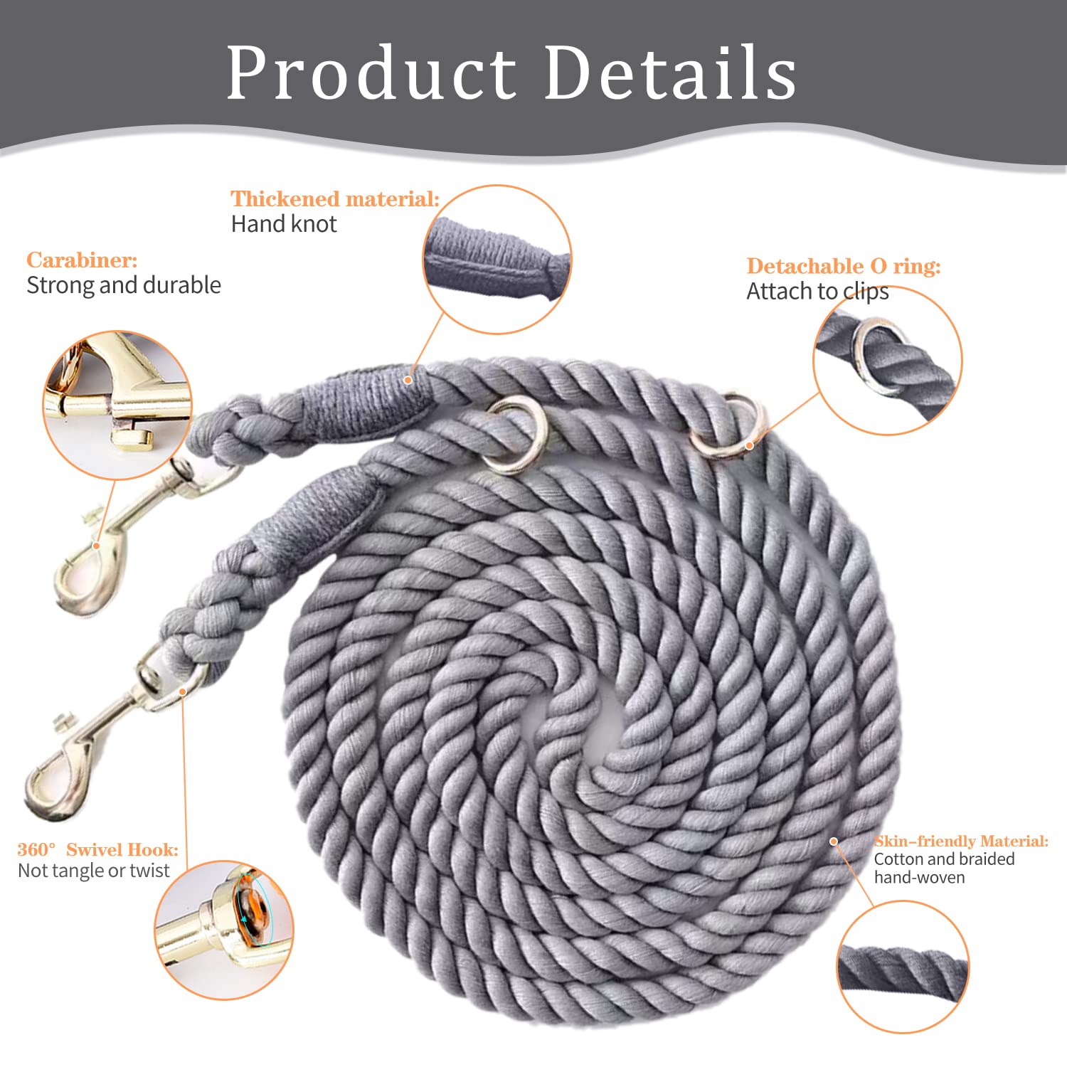 Tesitehi Multifunctional Rope Dog Leash 7.5 Ft With Adjustable Double Swivel Hook Hands Free For Small Medium And Large Dogs Running Hiking Camping Walking (Silent Grey)