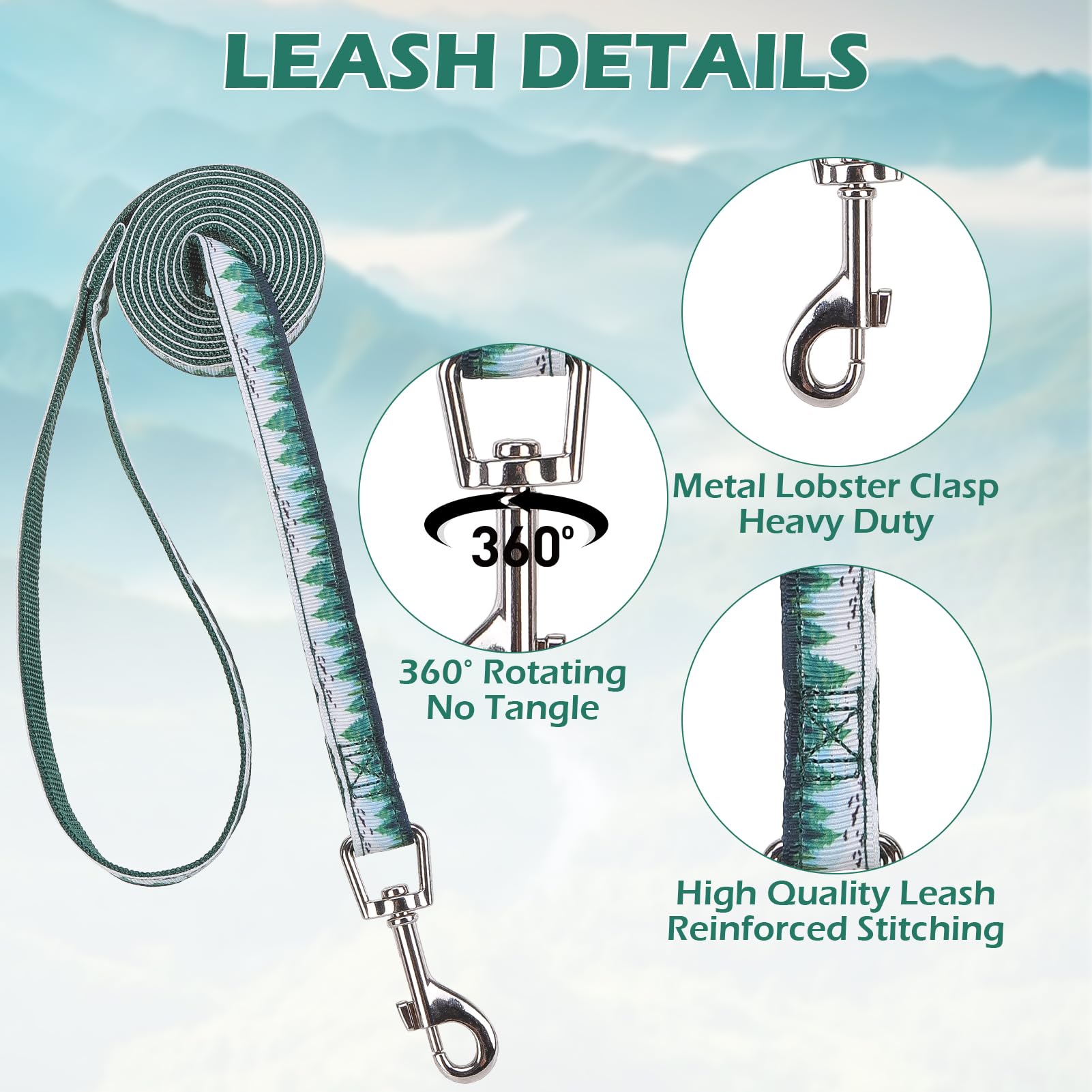 Expawlorer Small Dog Collar And Leash Set - Adjustable Dog Bandana Collar With Bell, Cute Dog Collar With Bow, Green Trees Patte