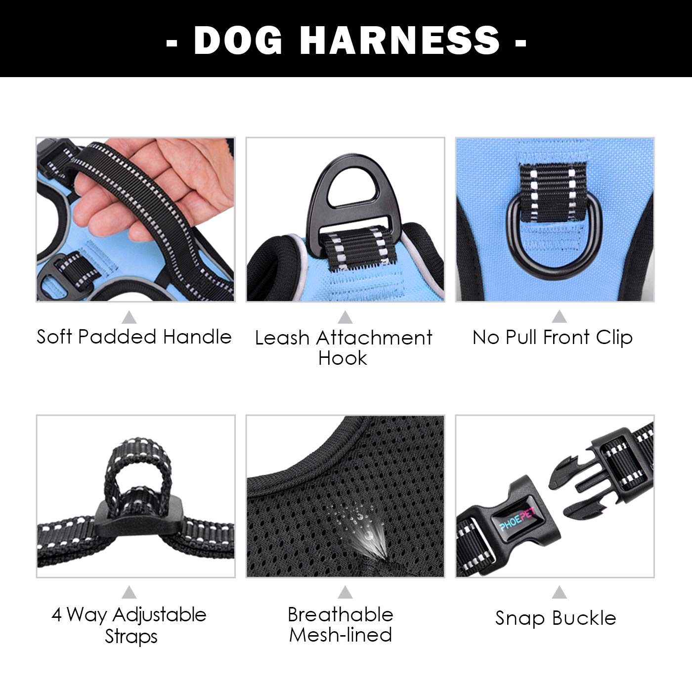 Phoepet No Pull Dog Harness Reflective Adjustable Vest With A Training Handle, Name Id Pocket, 2 Metal Leash Hooks, 3 Snap Buckles [Easy To Put On & Take Off](M, Baby Blue)