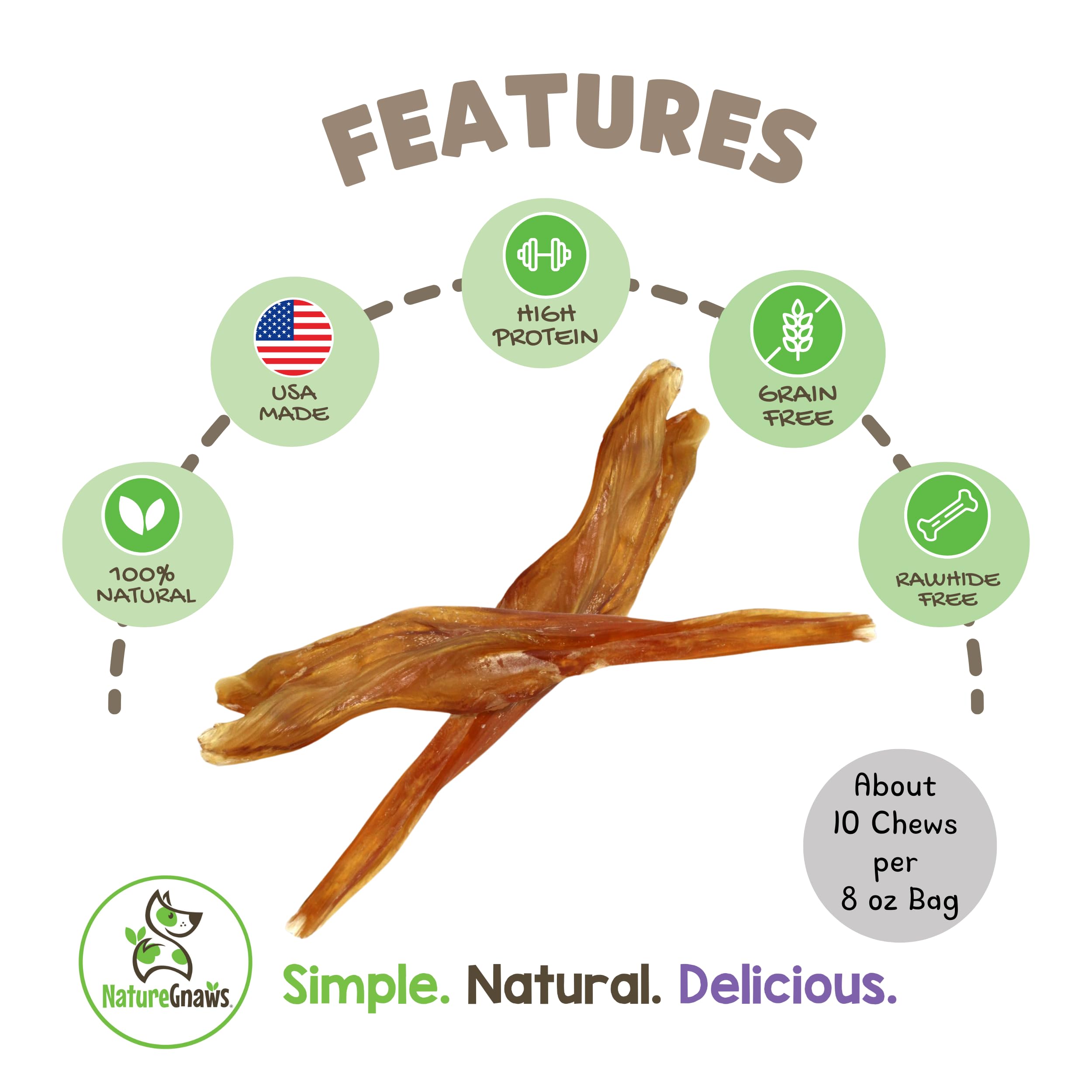Nature Gnaws USA Beef Tendons for Dogs (8oz) - Mixed Thickness - Long Lasting for Aggressive Chewers - Premium Natural Beef Dog