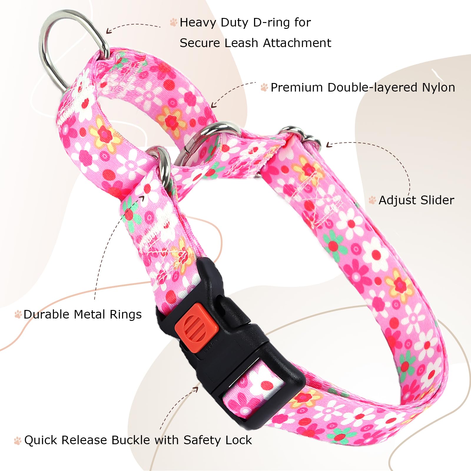Pink Martingale Collar For Medium Dogs With Safety Buckle, Adjustable Girl Dog Collars With Flowers Design, Heavy Duty No Slip C