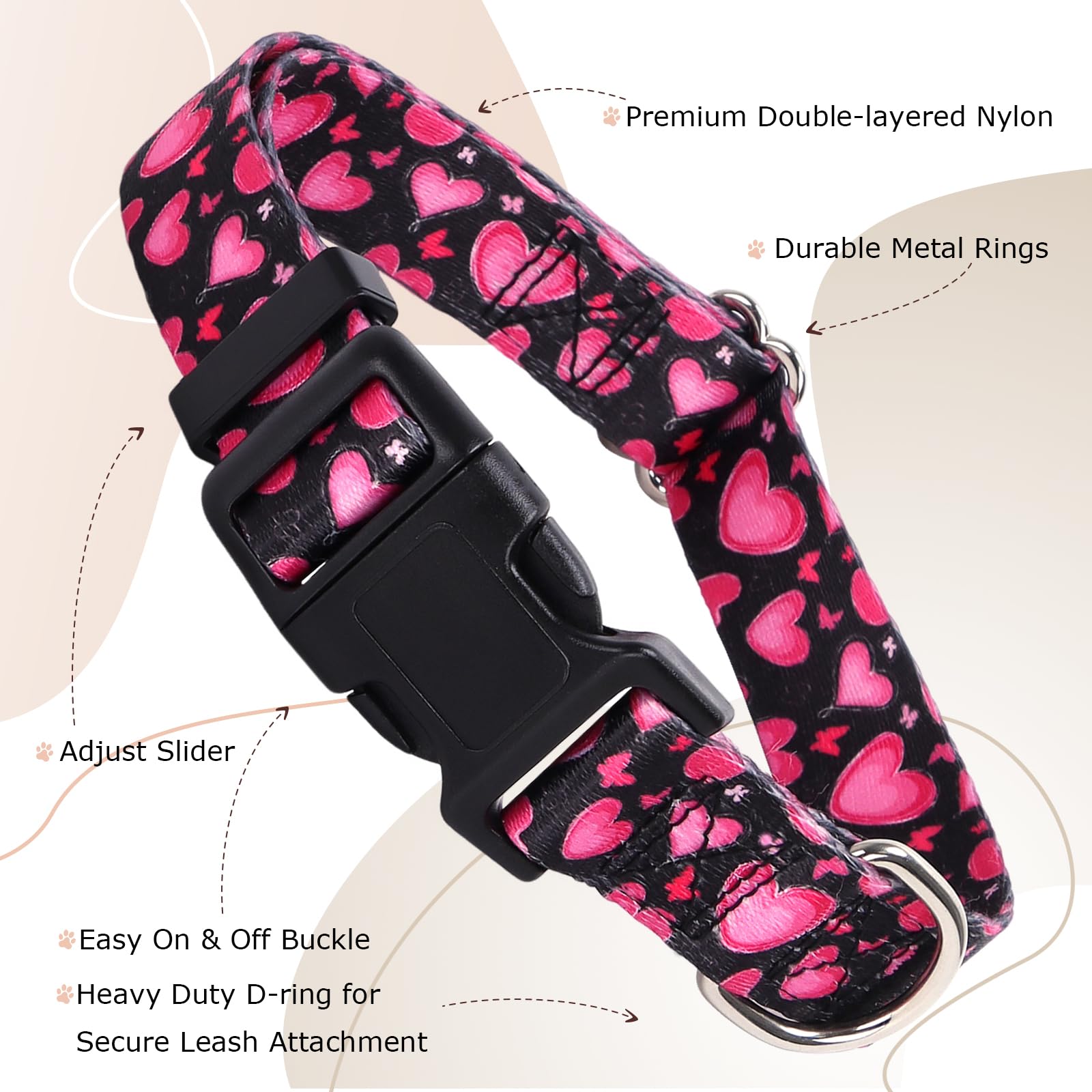 Dog Collar For Small Dogs With Love Heart Patterns For Girl & Boy Dogs, Pink Dog Collar Adjustable Heavy Duty Nylon Collar With
