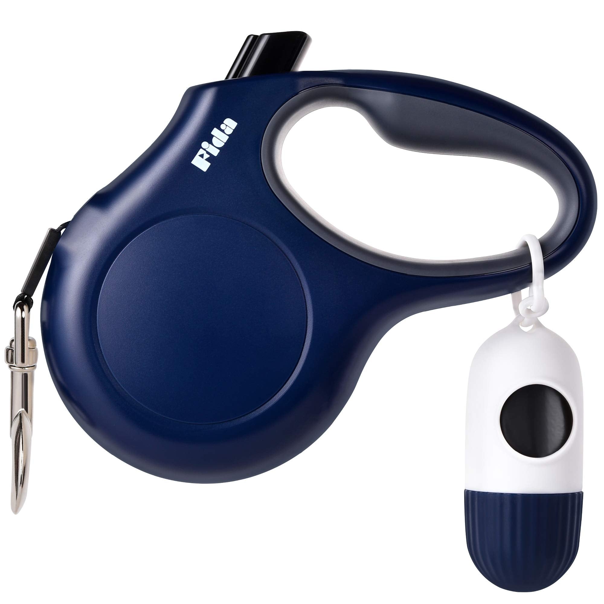Fida Retractable Dog Leash With Dispenser And Poop Bags, 16 Ft Pet Walking Leash For Small Dog Or Cat Up To 26 Lbs, Anti-Slip Handle, Tangle Free, Reflective Nylon Tape (S, Navy Blue)