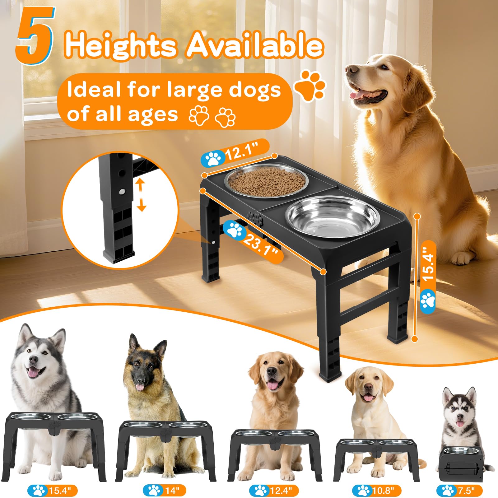 Elevated Dog Bowl Stand for Large Dogs - 2 Extra Large 10    Stainless Steel Bowls, 5 Adjustable Heights(7.5-15.4), Foldable Non