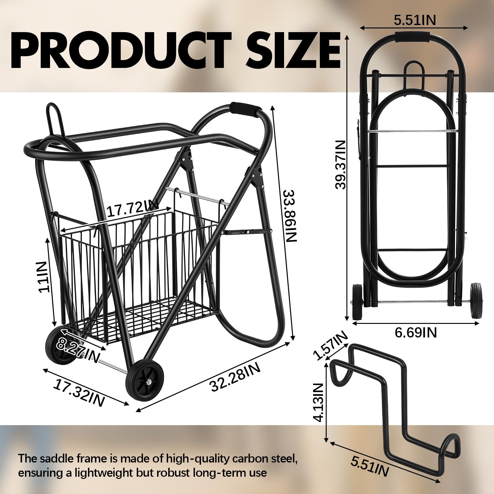 Kritkin Heavy Duty Rolling Horse Saddle Tack Cart, Iron, Black, Model KS-Kritkin-0684, Foldable Organizer with Hooks for Easy Transport
