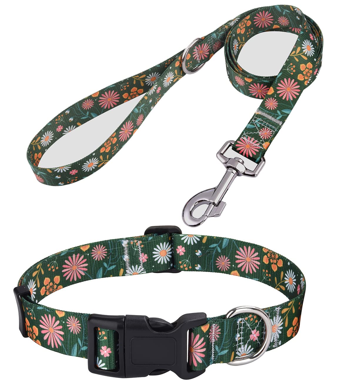 Hqyddmi Dog Collar And Leash Set, Floral Print, Adjustable Collar For Small To Large Dogs, Green Flower Set