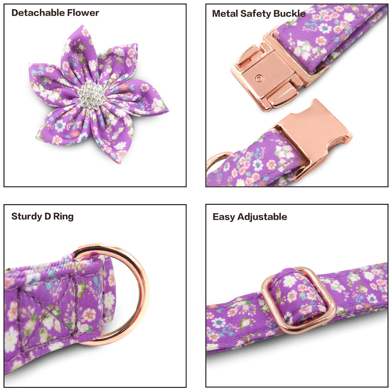 Tdtok Girl Dog Collar For Small Medium Large Dogs, Cute Dog Collar With Detachable Flower Safety Metal Buckle Adjustable Floral Pattern Soft Comfy Cotton Dog Collars, Fit Necks 10.2-23.6