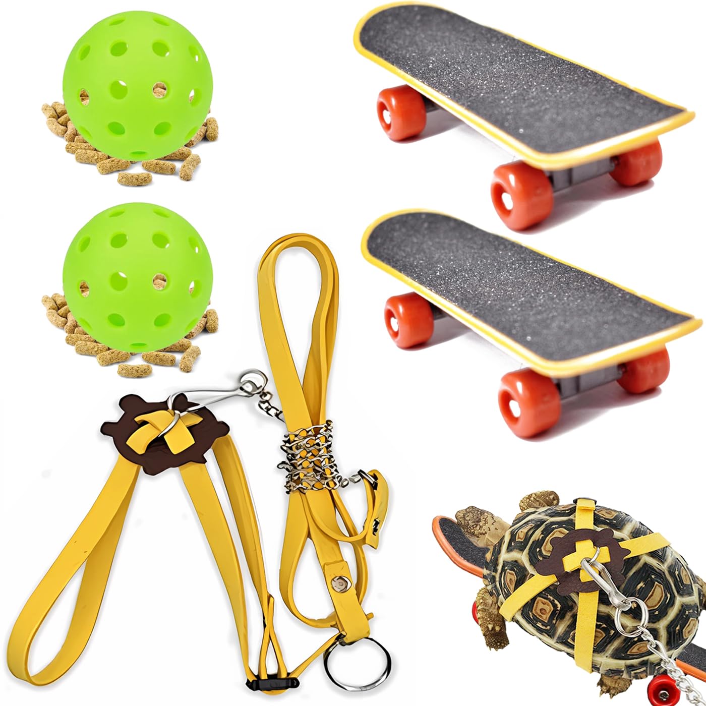 Turtles Playing And Training Toys Set, 1 Adjustable Tortoise Leash 2 Reptile Skateboards 2 Treat Ball, Turtle Fast Skate Accesso