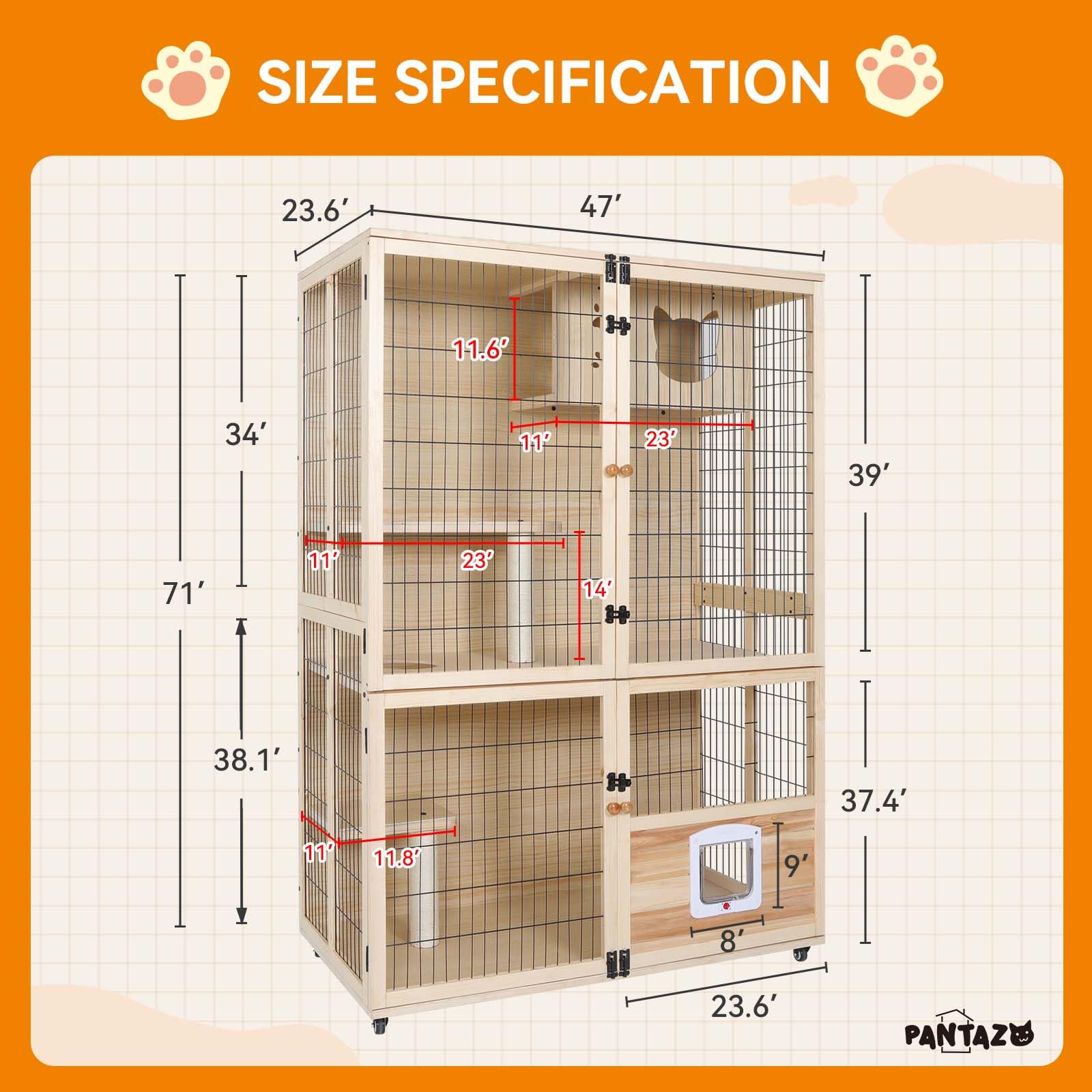 Pantazo Wooden Cat House Large Space Cats Cage With Scratching Post And Lockable Wheels Double Layer With Escape Door Outdoor/In