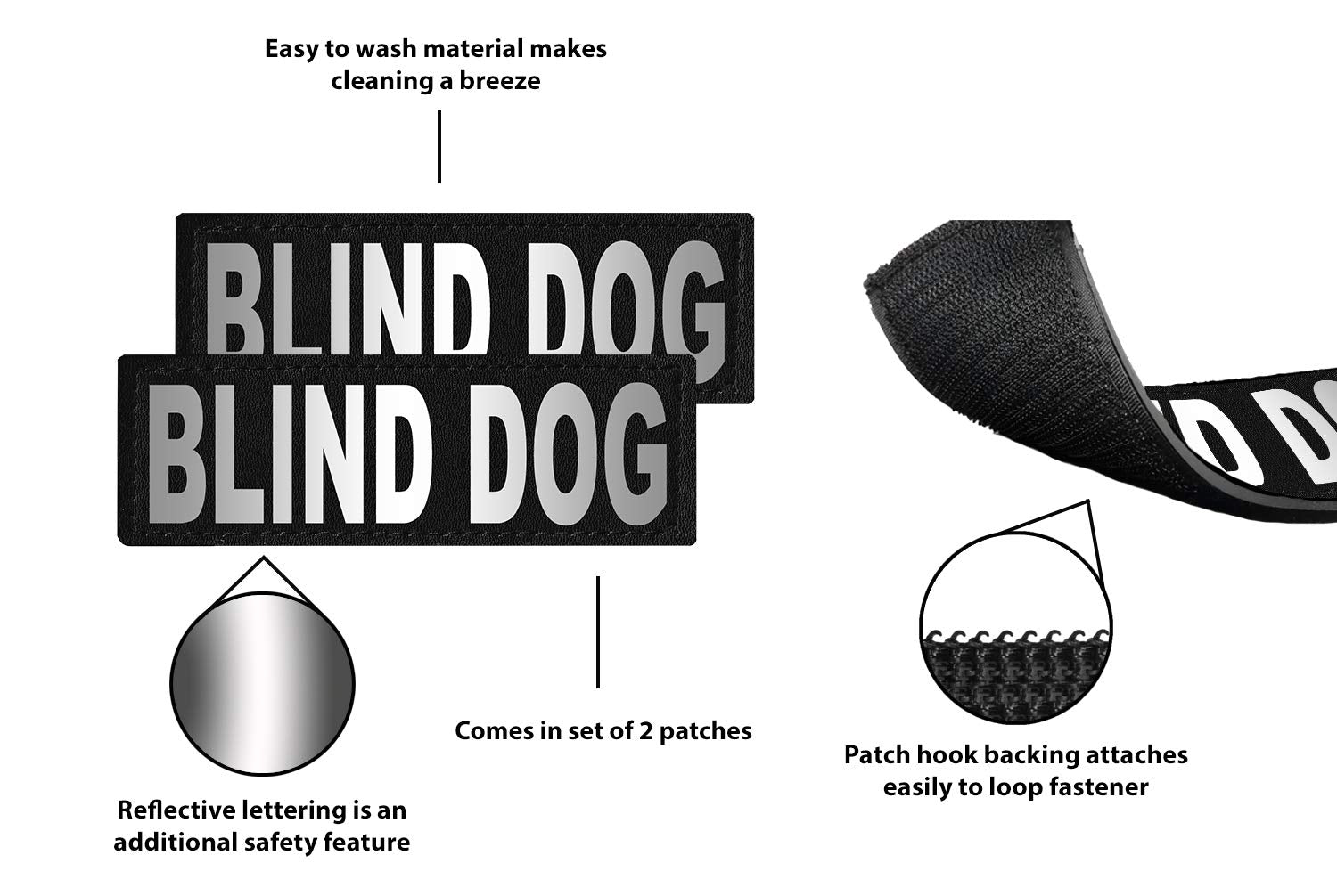 Dogline Blind Dog Vest Patches – Removable Blind Dog Patch 2-Pack With Reflective Printed Letters For Support Dog Vest Harness Collar Or Leash Size B (1.5' X 4')