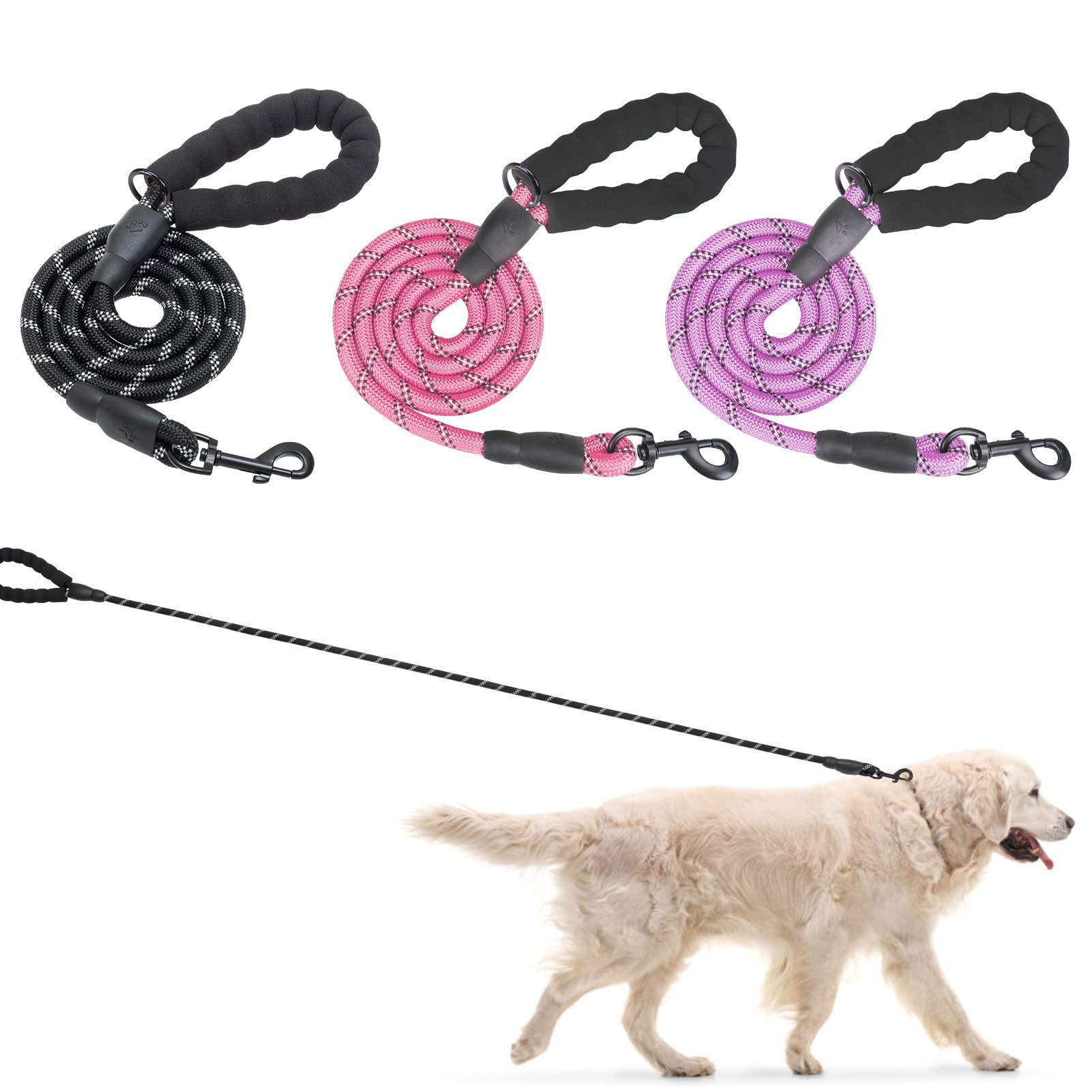 Beautyzoo Heavy Duty Rope Dog Leash 3 Pack, 6Ft Nylon Pet Leash With Reflective Thread, Soft Padded Handle Thick Lead Strong Dog